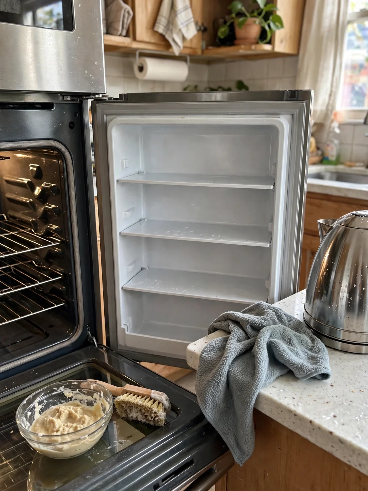 An open oven and an emptied fridge mid deep clean, with a bowl of baking soda paste, a scrub brush, a cloth and a shining kettle on the counter