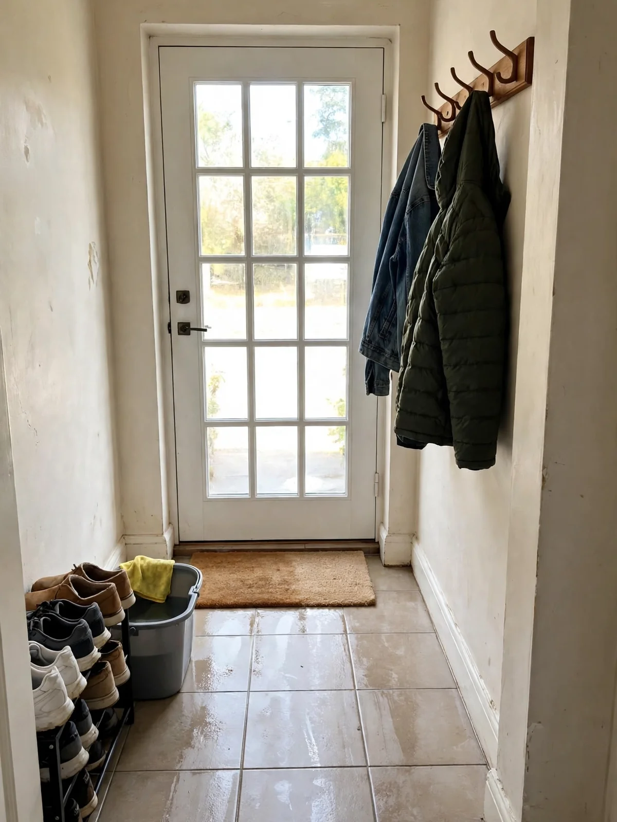 A freshly cleaned entryway with a glass front door, shoes lined up on a rack, a bucket and cloth by the wall and a scrubbed doormat