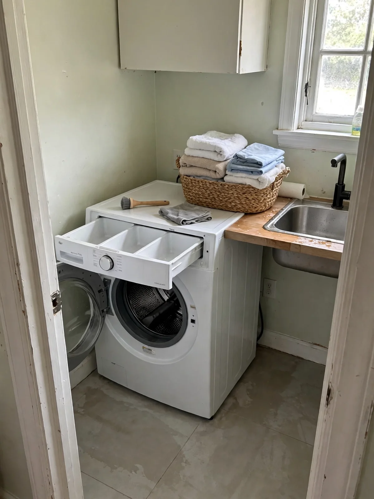 A deep-cleaned laundry room with a washing machine door open, detergent drawer pulled out and scrubbed, folded laundry in a basket and a clean utility sink