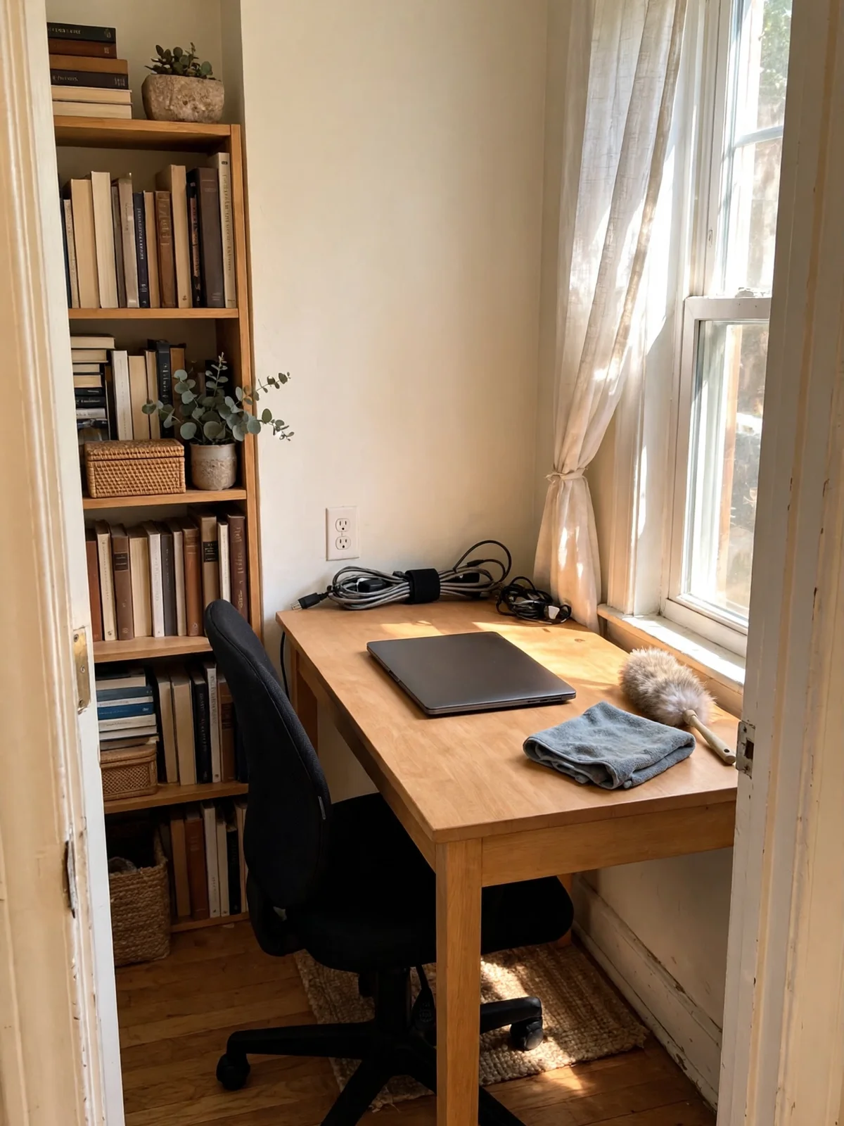 A freshly deep-cleaned home office desk with a closed laptop, folded microfiber cloth, duster and neatly bundled cables by a sunny window