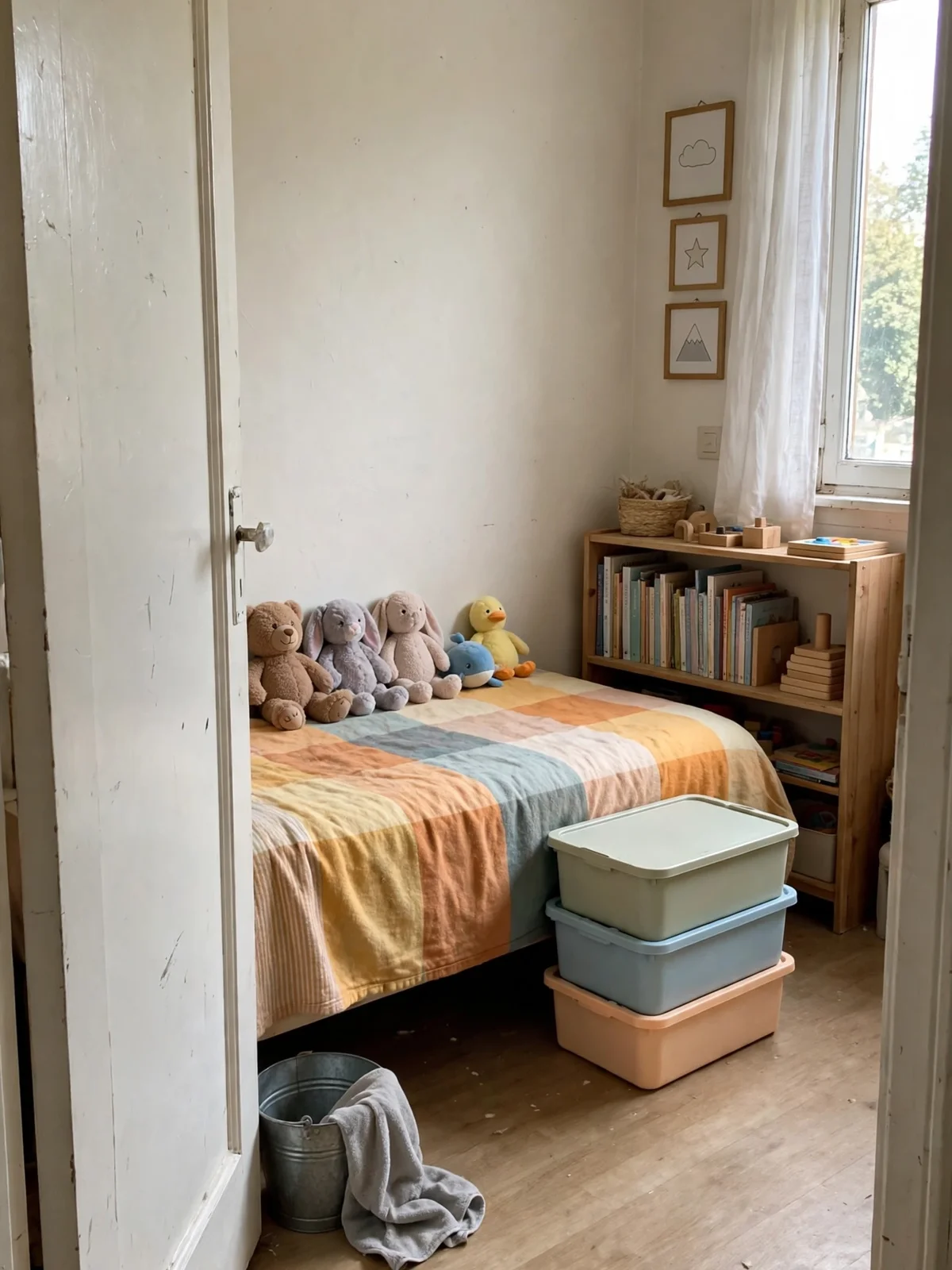 A deep-cleaned kids bedroom with stuffed toys lined up on a made bed, wiped toy storage boxes stacked neatly and a bucket and cloth by the door