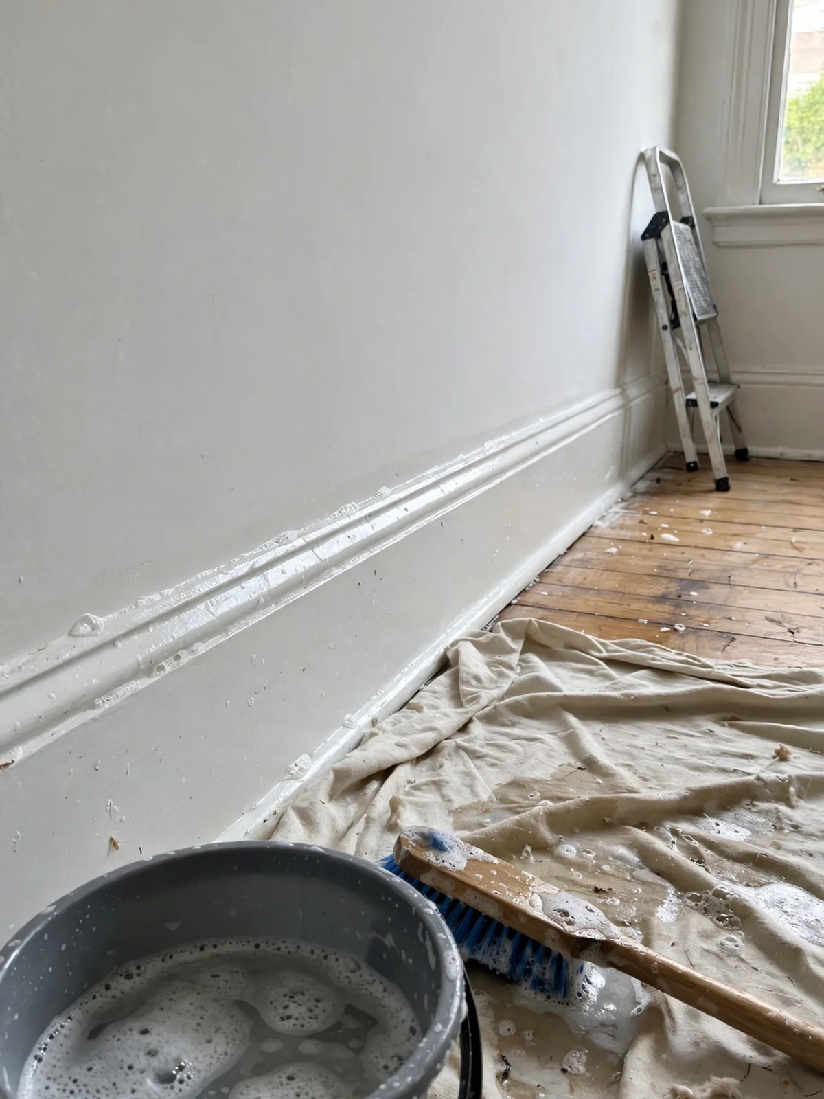 Freshly scrubbed white baseboards and a clean wall with a bucket of soapy water, a long-handled scrub brush on a drop cloth and a step ladder nearby