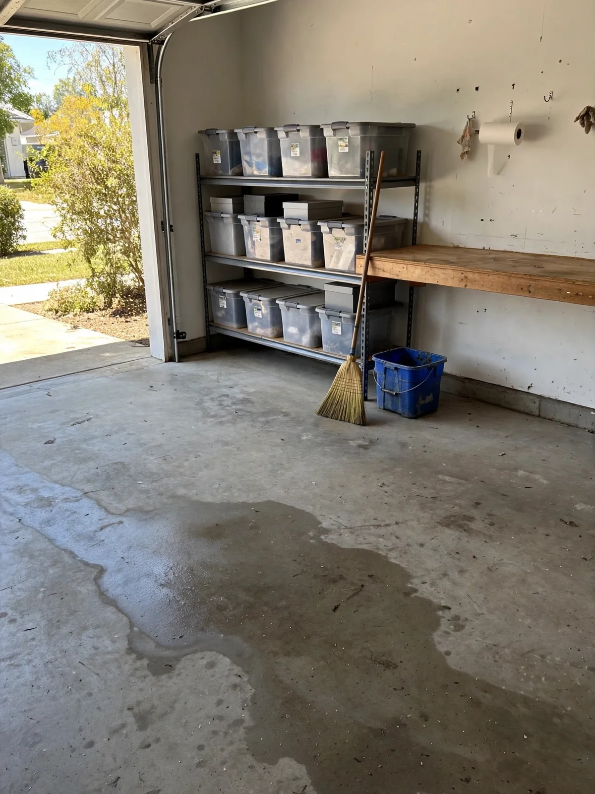 A deep-cleaned garage with a swept and washed concrete floor still drying, storage boxes lined up on wiped shelves, a broom and bucket by the workbench