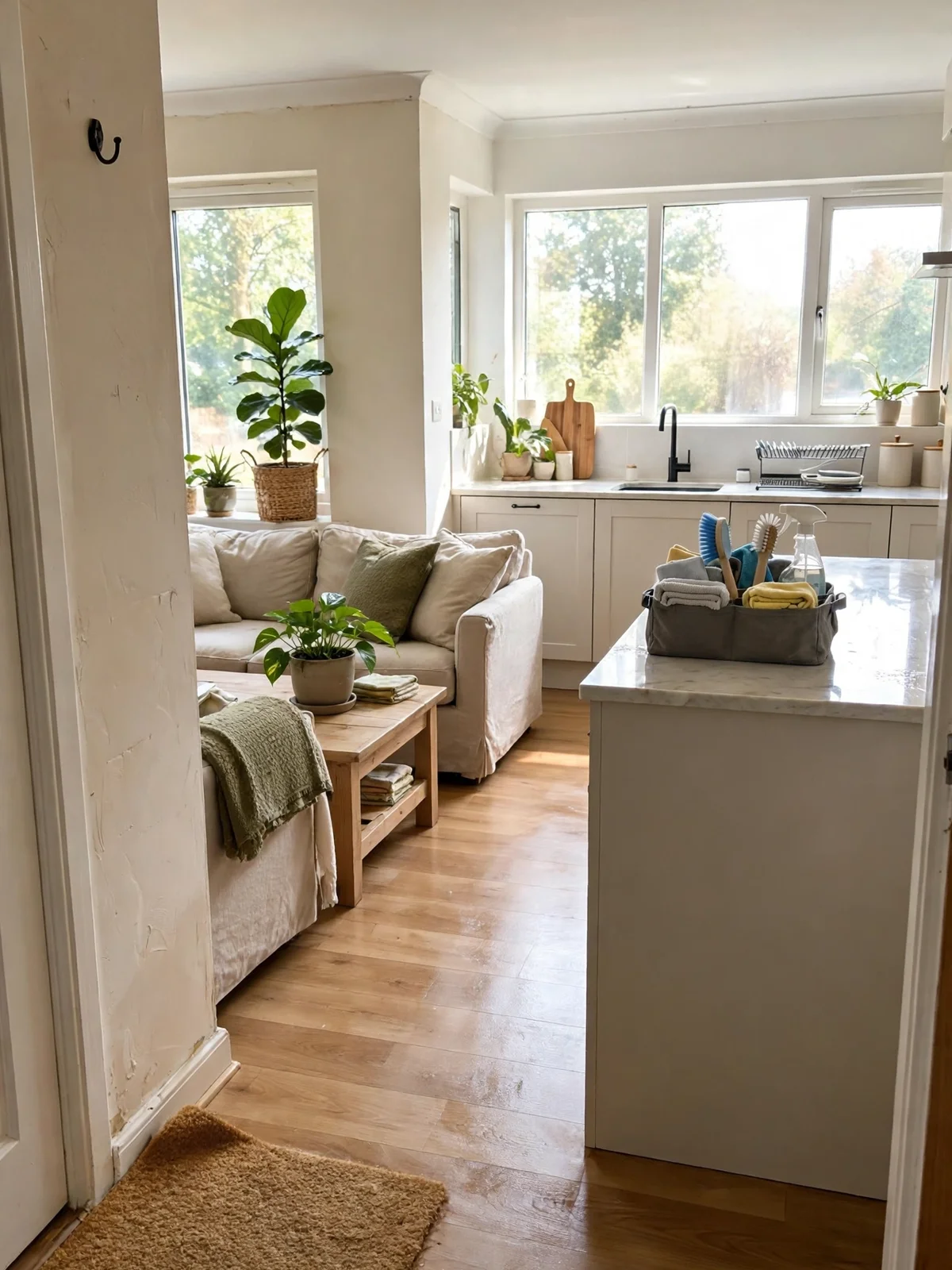 A whole home looking freshly deep-cleaned, with a cleaning caddy of cloths and brushes on a gleaming kitchen island and tidy sunlit living space beyond