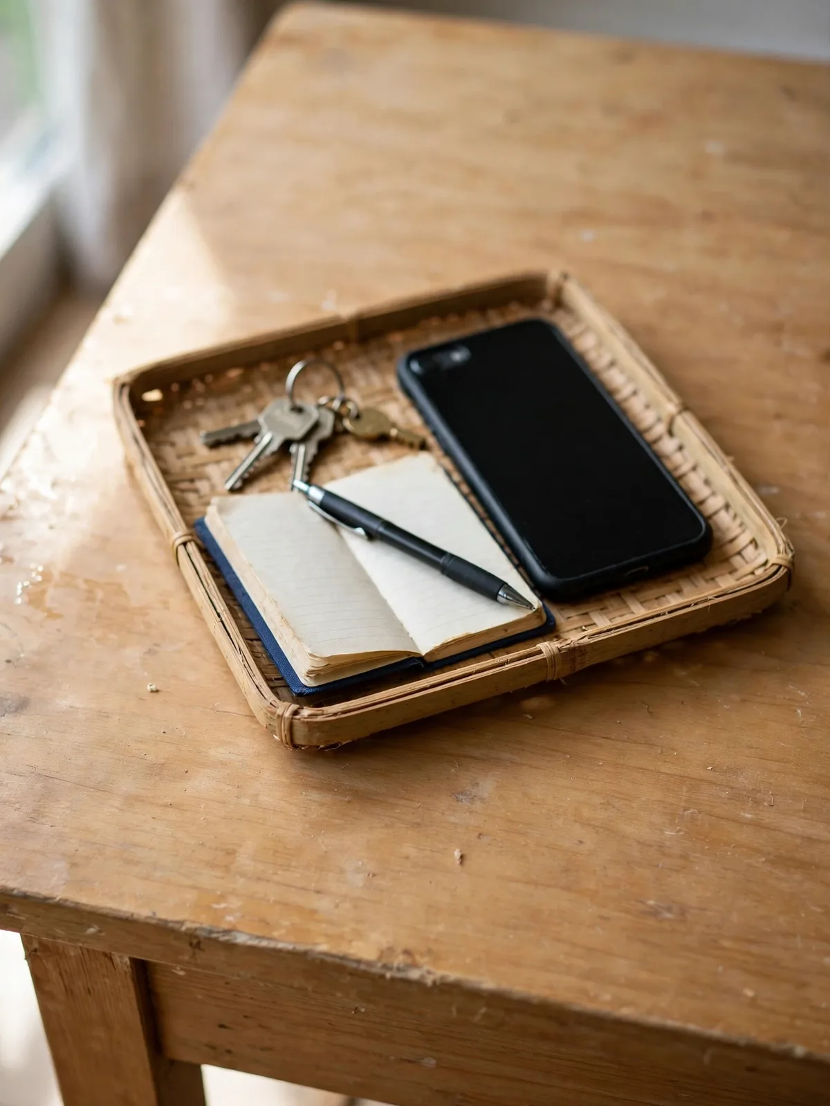 Small wooden desk with a single bamboo tray holding a phone, keys, notebook and pen while the rest of the desktop stays completely clear and calm