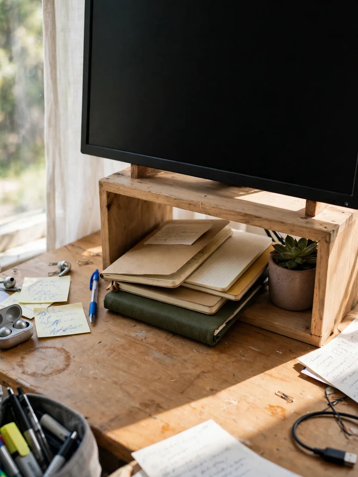 Monitor raised on a wooden stand above a small desk with notebooks and a small plant tucked neatly into the open space underneath the screen