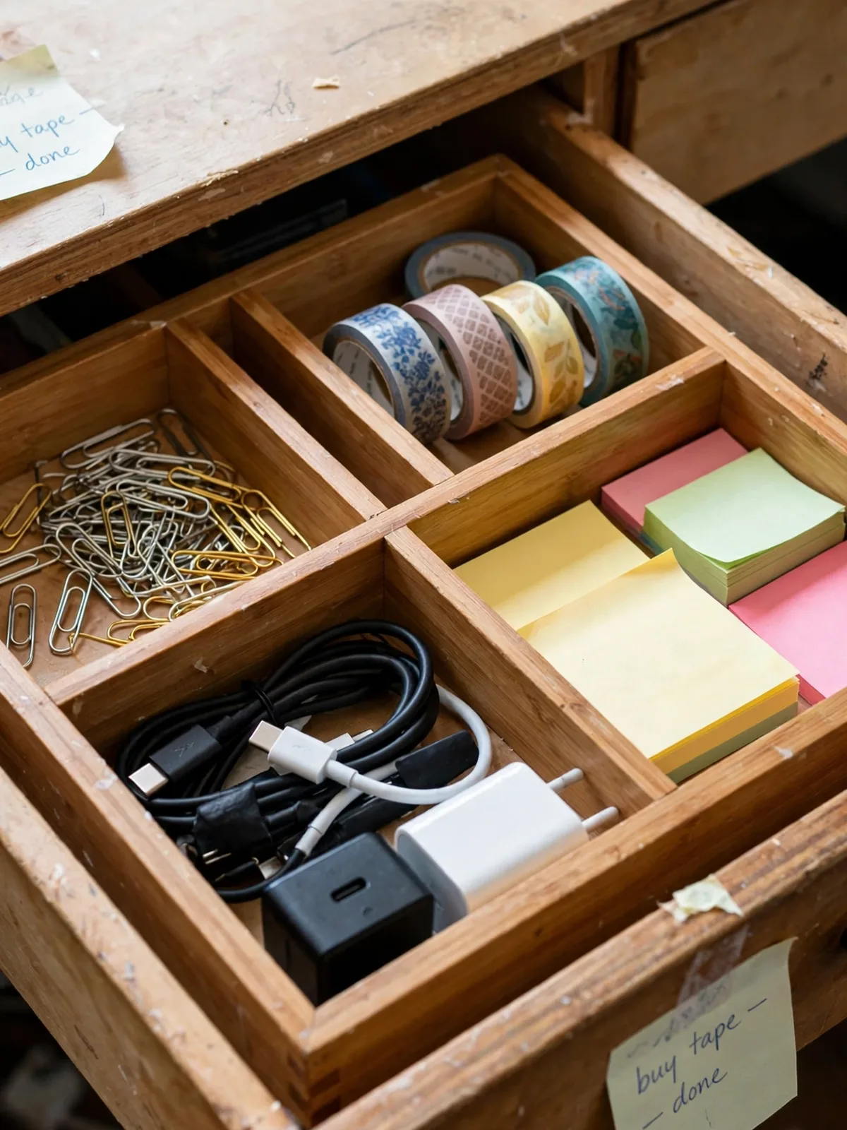 Open desk drawer with a bamboo divider tray organizing paper clips, washi tape, a charger and sticky notes into separate tidy compartments