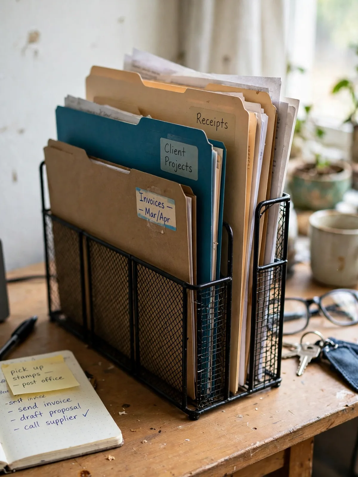 Black metal vertical file holder standing on a small desk holding folders and papers upright in a row instead of scattered paper piles