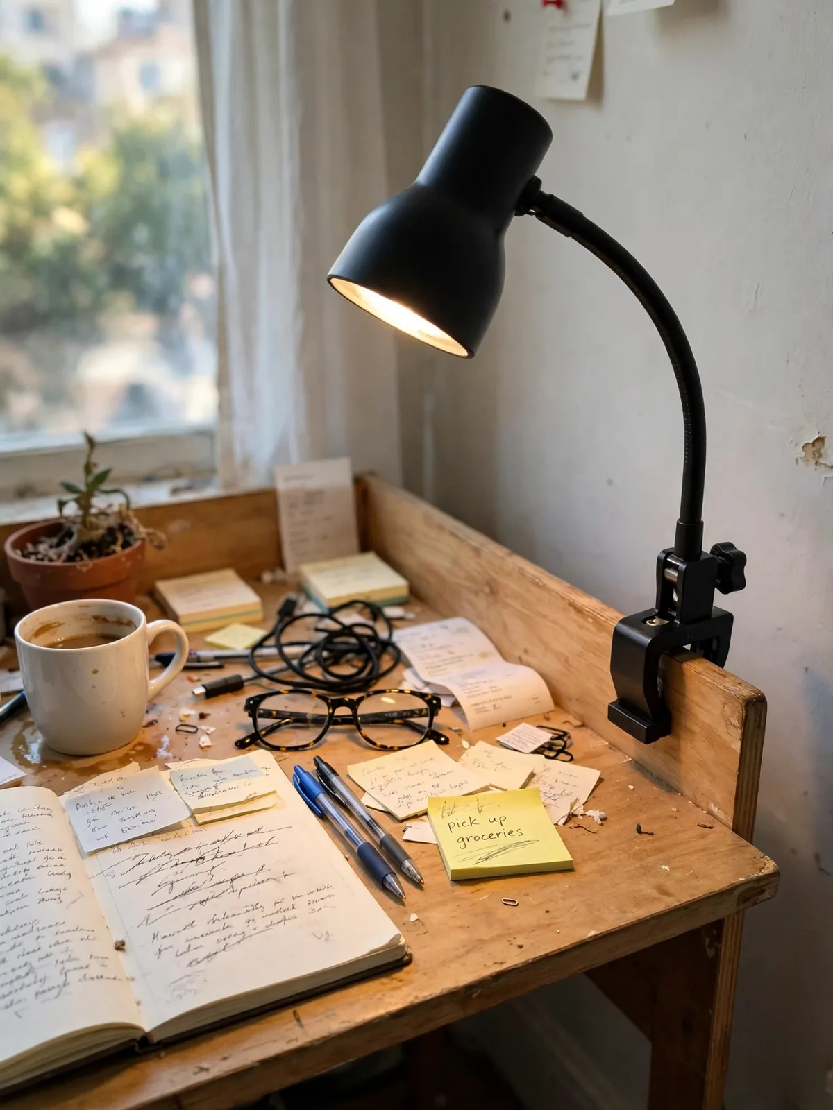 Modern clamp lamp attached to the edge of a small desk shining warm light over the workspace without any lamp base on the desktop