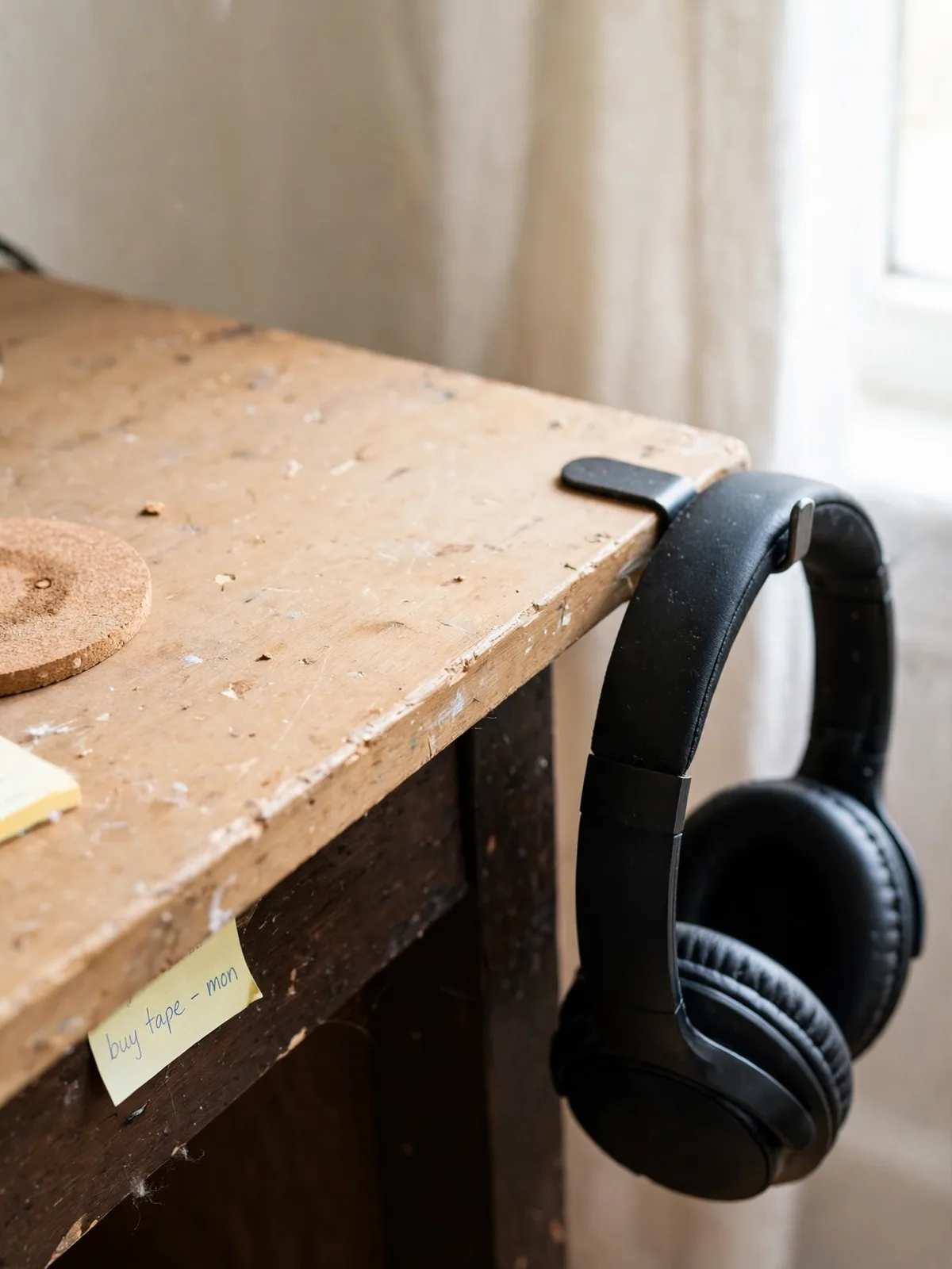 Over ear headphones hanging on a small hook fixed to the side edge of a desk, keeping the work surface completely clear