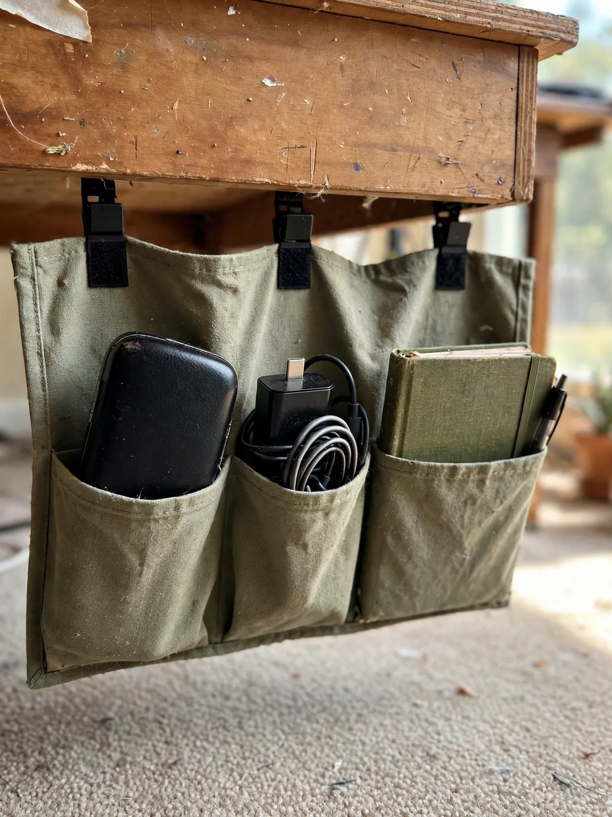 Fabric hanging organizer with pockets suspended under a small desk holding a notebook, charger cable and a glasses case within easy reach
