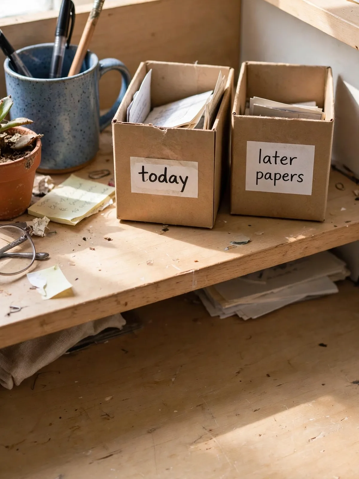 Two small labeled boxes side by side on a desk shelf, one marked for today and one for later, holding sorted papers