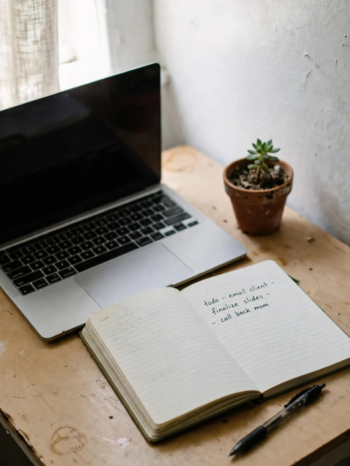 Minimal small desk with a laptop and notebook and just one small potted plant as the only personal item on the surface