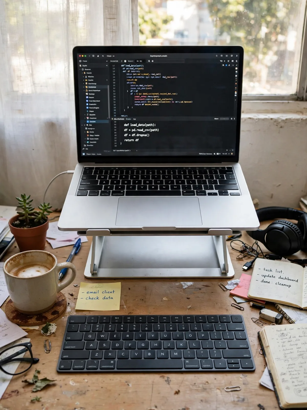 Laptop raised on an aluminum stand with a separate wireless keyboard in front, leaving open breathing room across a small desk