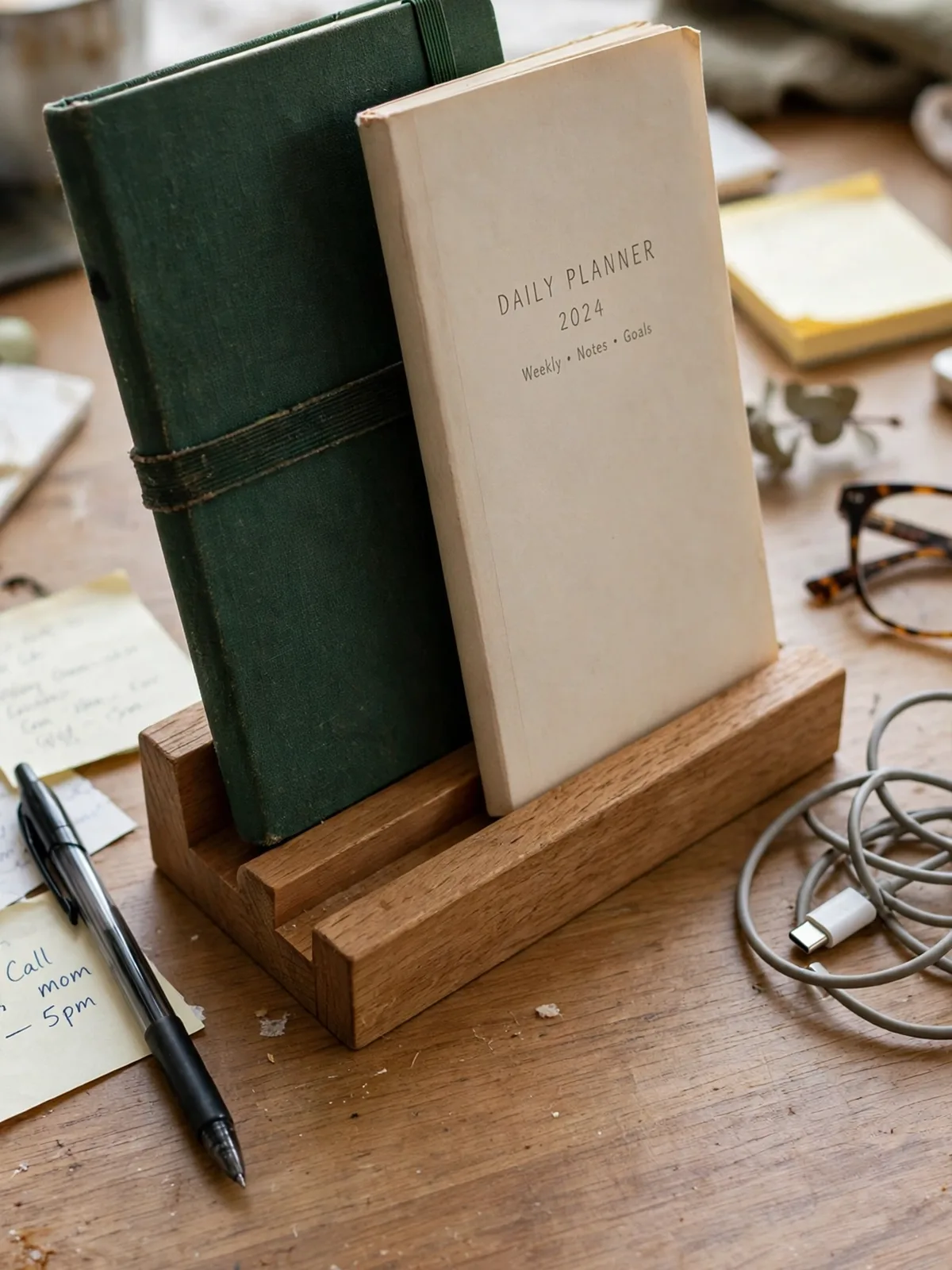 Wooden dock stand on a desk holding a closed notebook and a daily planner standing upright side by side, ready to grab