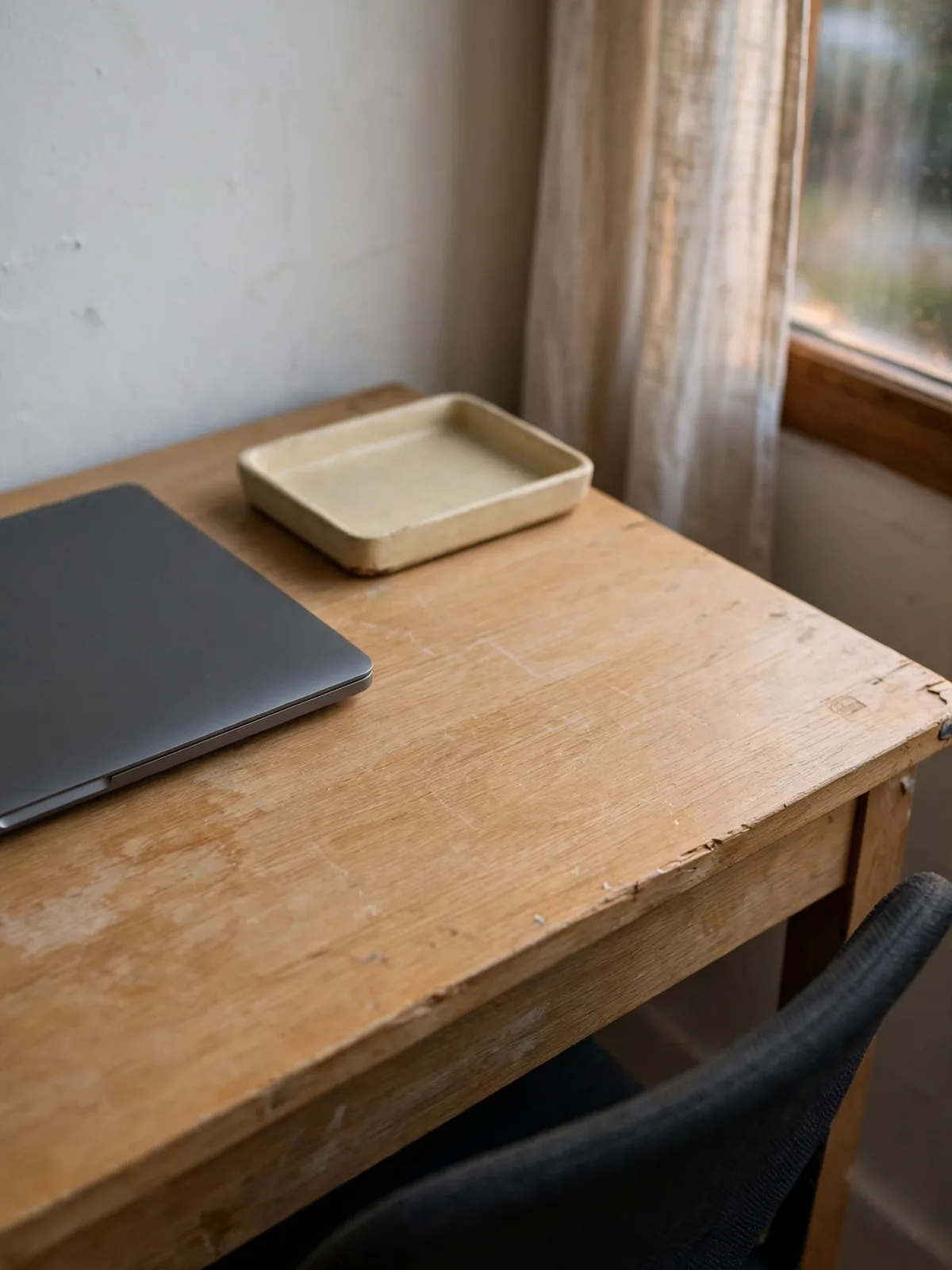 Small desk fully reset at the end of the day with laptop closed, chair tucked in, tray tidy and the surface completely clear