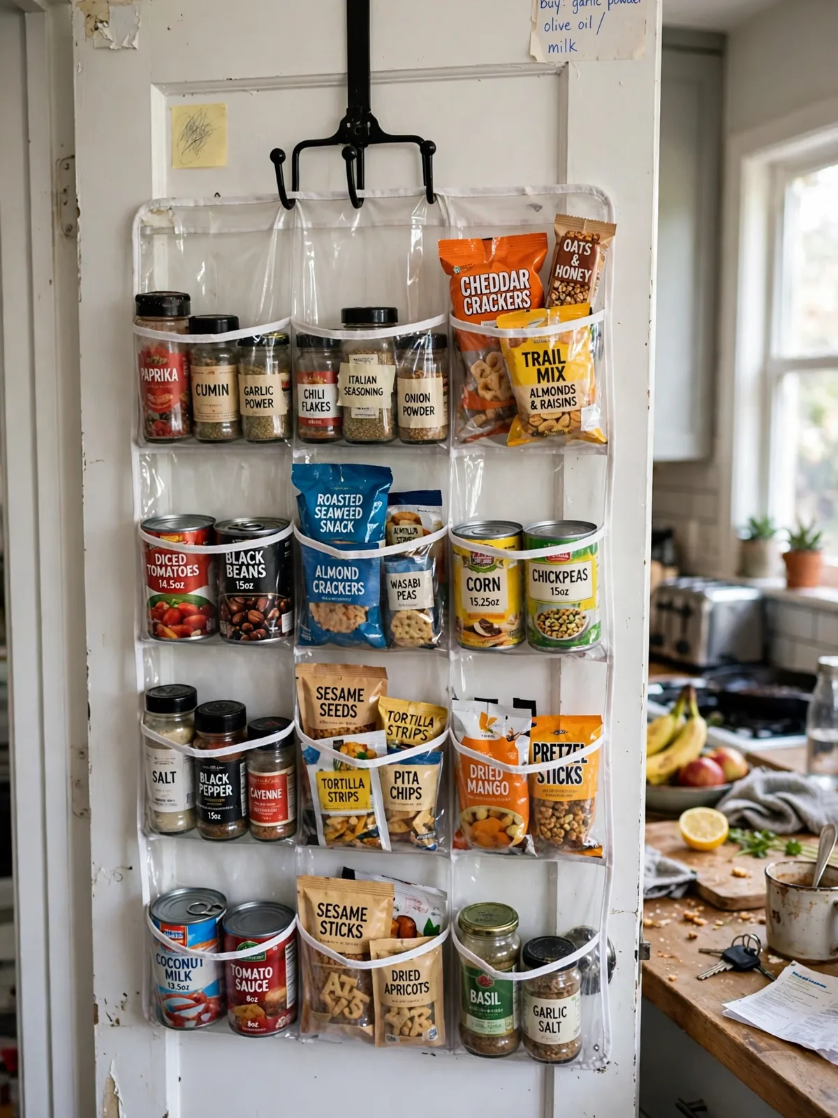 Clear pocket organizer hanging on the back of a pantry door filled with spice jars snack packets and small cans in bright daylight