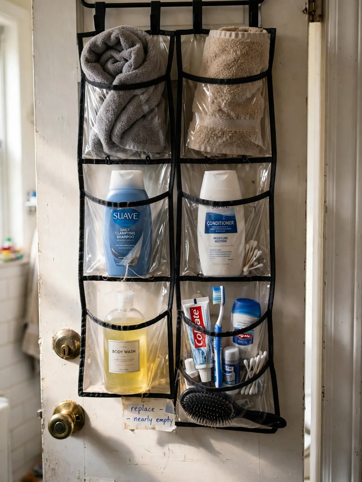 Over the door towel rack and pockets on a bathroom door holding rolled white towels shampoo bottles and everyday toiletries in natural light