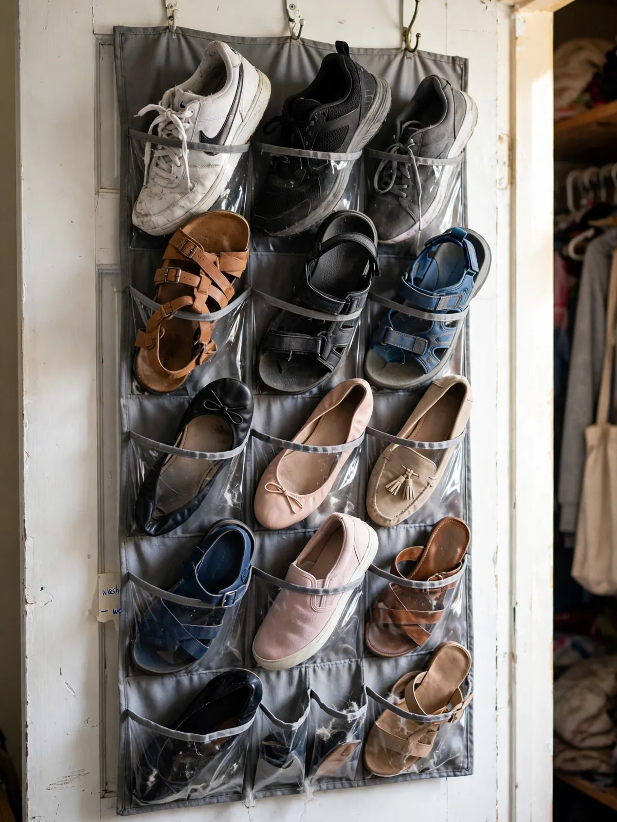 Fabric shoe pocket organizer on the back of a closet door with sneakers sandals and flats tucked neatly into each clear pocket row