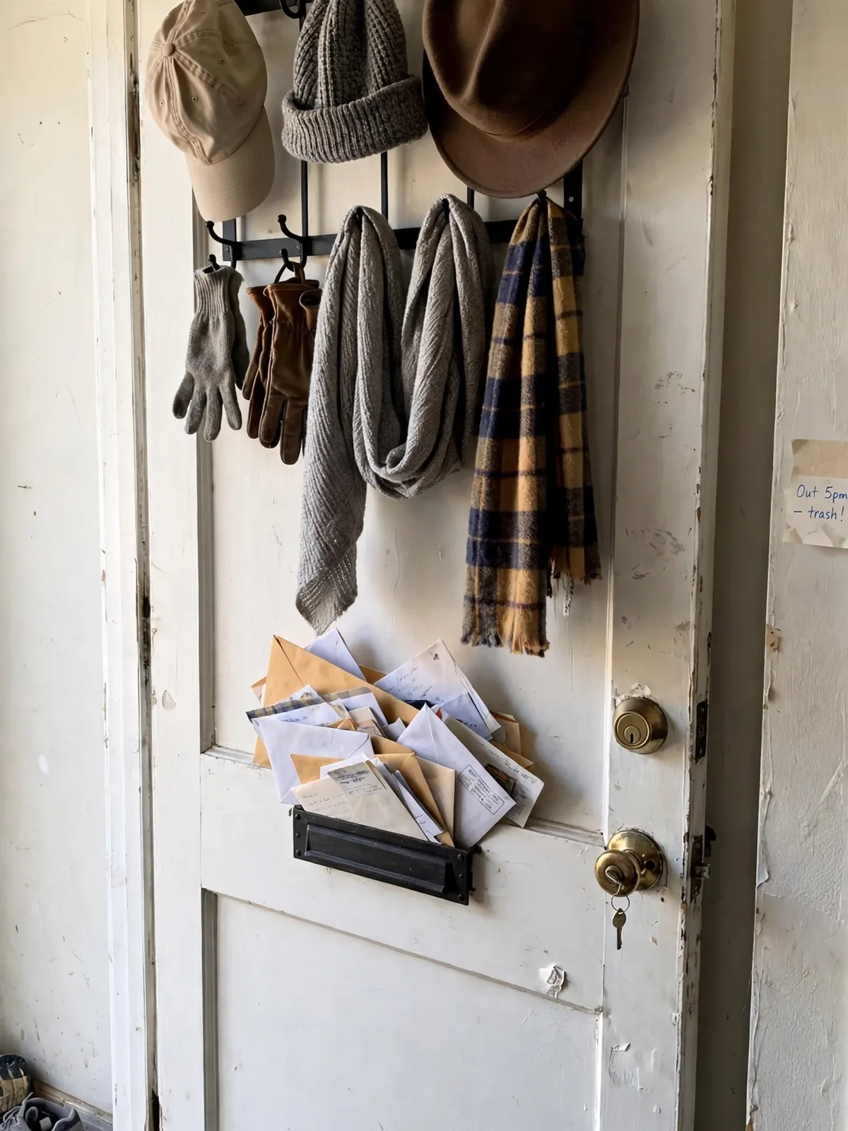 Entry door rack by a front door holding hats gloves scarves and incoming mail in small baskets in a lived in hallway space