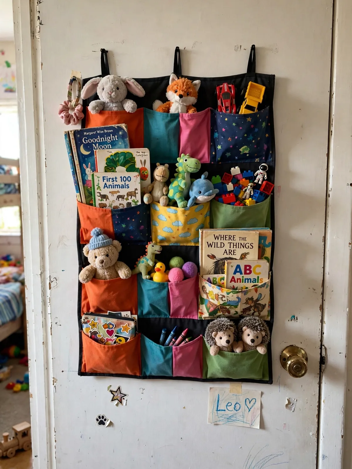 Colorful over the door pockets on a kids room door holding small toys stuffed animals and picture books at easy reach for children
