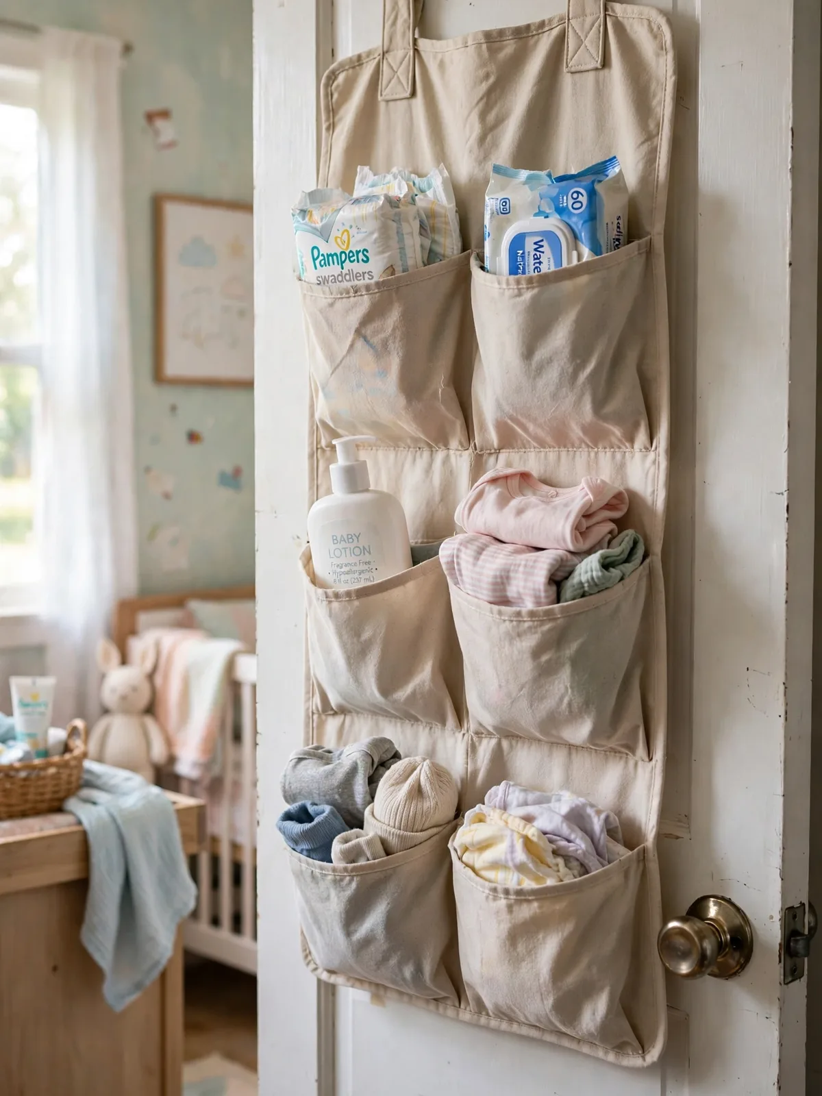 Soft fabric organizer on a nursery door holding stacked diapers baby wipes lotion bottles and folded baby clothes in pastel tones