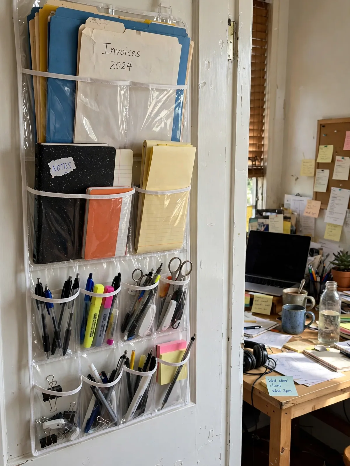Clear file organizer hanging on a home office door holding folders notebooks pens and supplies above a small desk in daylight