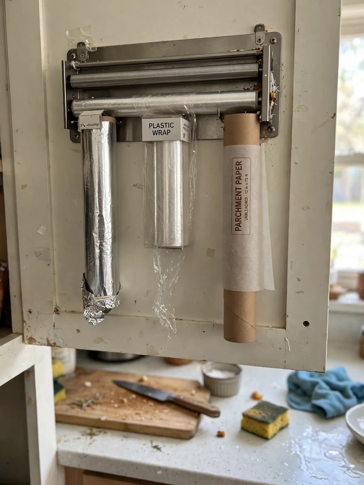 Wrap and foil holder mounted inside a kitchen cabinet door holding aluminum foil plastic wrap and parchment paper rolls above a counter