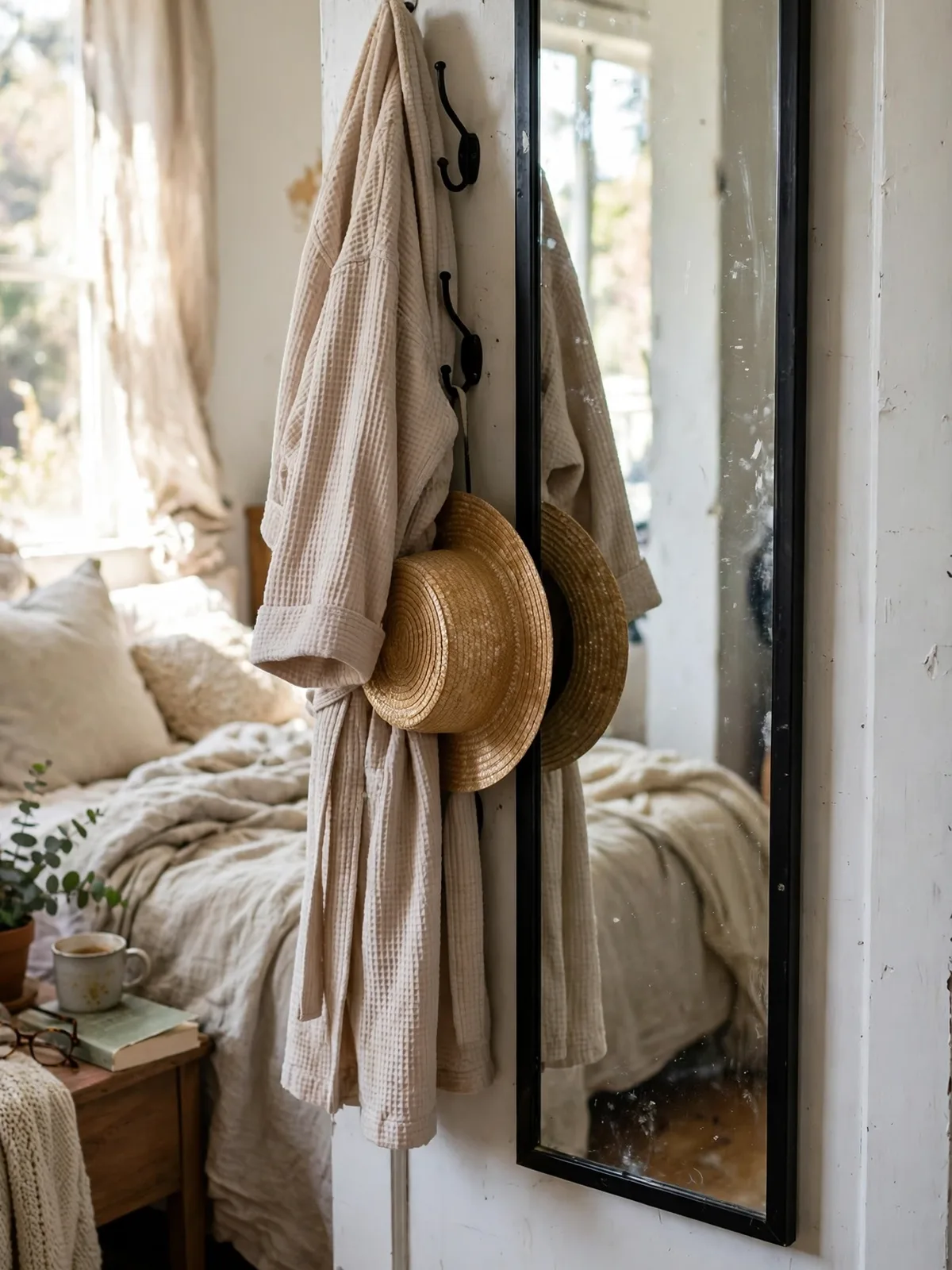 Full length mirror and hooks combo on a guest room door holding a robe and hat beside a cozy bed in soft daylight