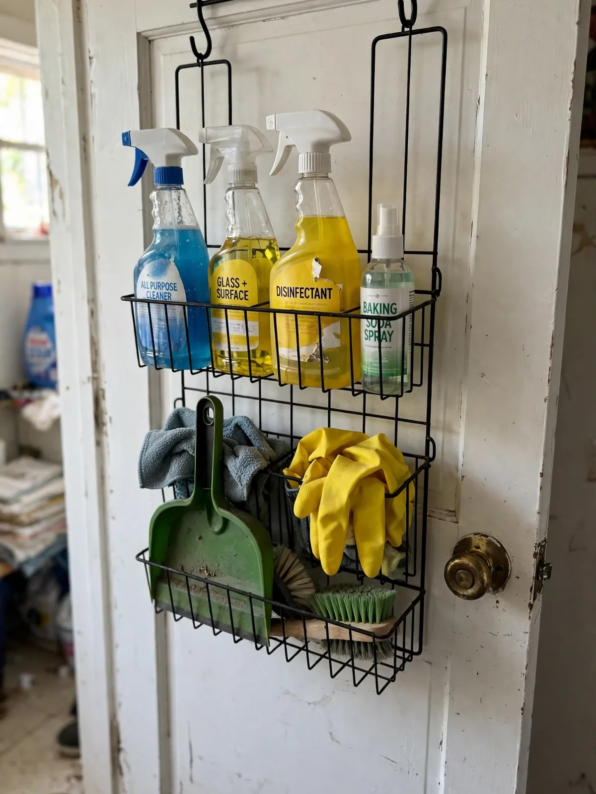 Wire caddy on a utility room door holding spray bottles cleaning supplies gloves and a dustpan ready for quick garage cleanup jobs