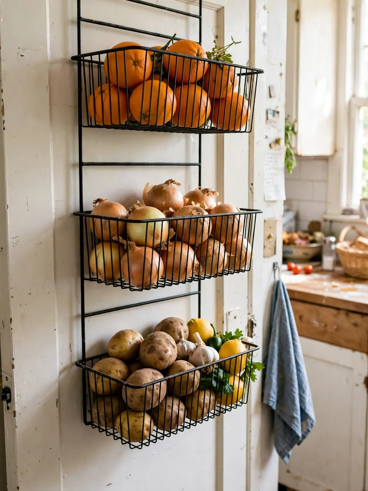 Tiered wire baskets hanging over a kitchen door filled with onions potatoes oranges and fresh produce in bright natural kitchen light