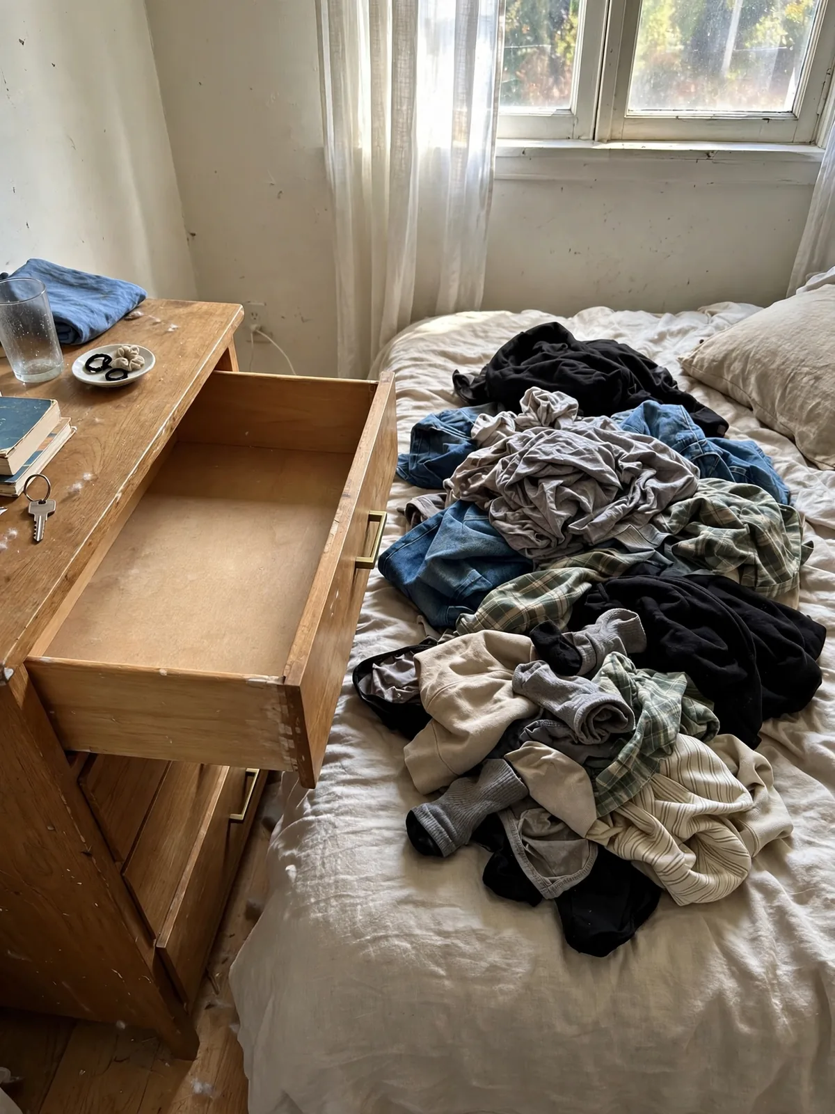 Open dresser drawer emptied out with a pile of unfolded clothes on the bed beside it, ready for sorting