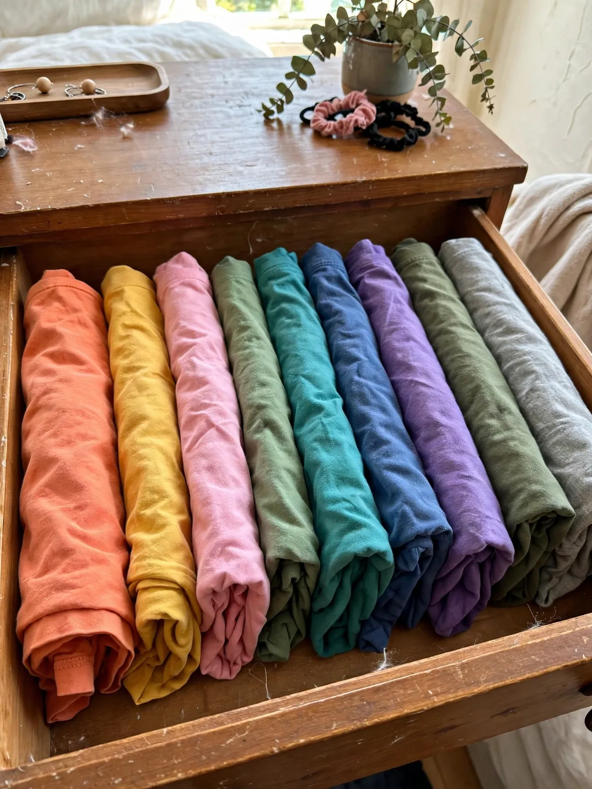 Open dresser drawer with colorful t-shirts file folded upright in a row so every shirt is visible