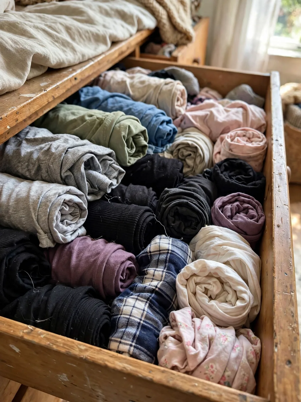 Deep dresser drawer filled with tightly rolled t-shirts, leggings and pajamas packed side by side