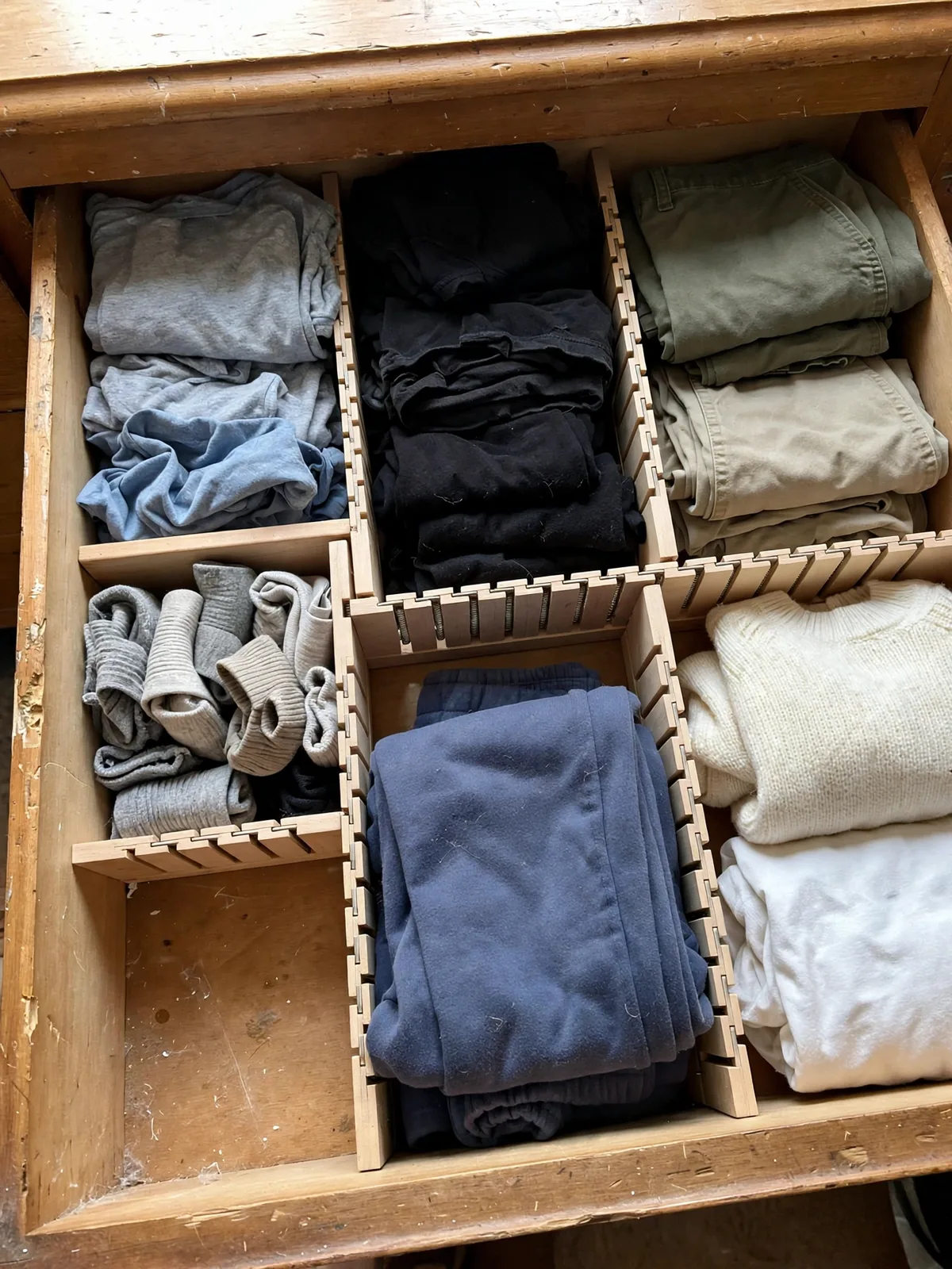 Open dresser drawer divided into zones with light wood adjustable dividers and folded clothes in each section