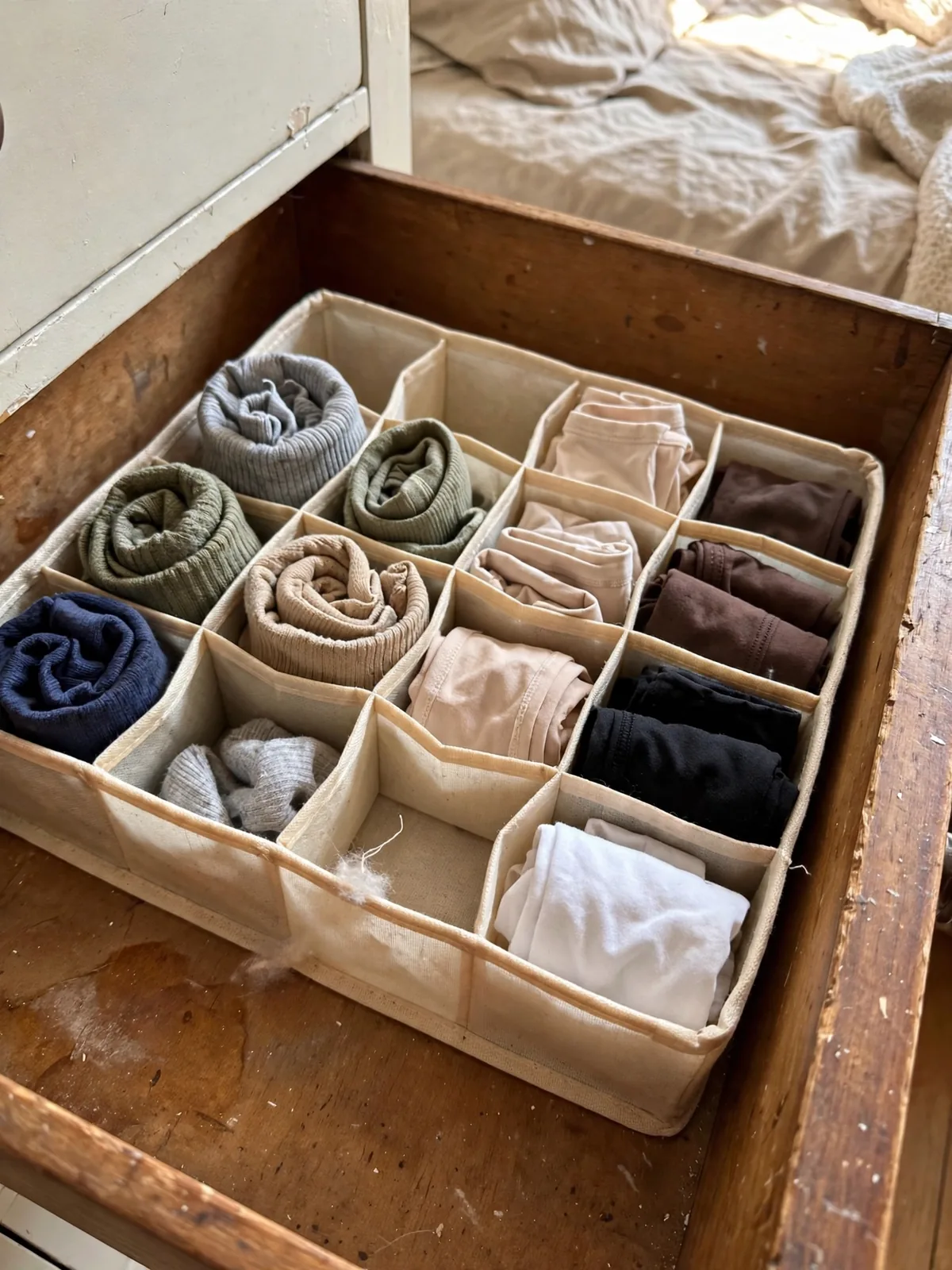 Top dresser drawer with fabric honeycomb inserts holding rolled socks and folded underwear in small compartments