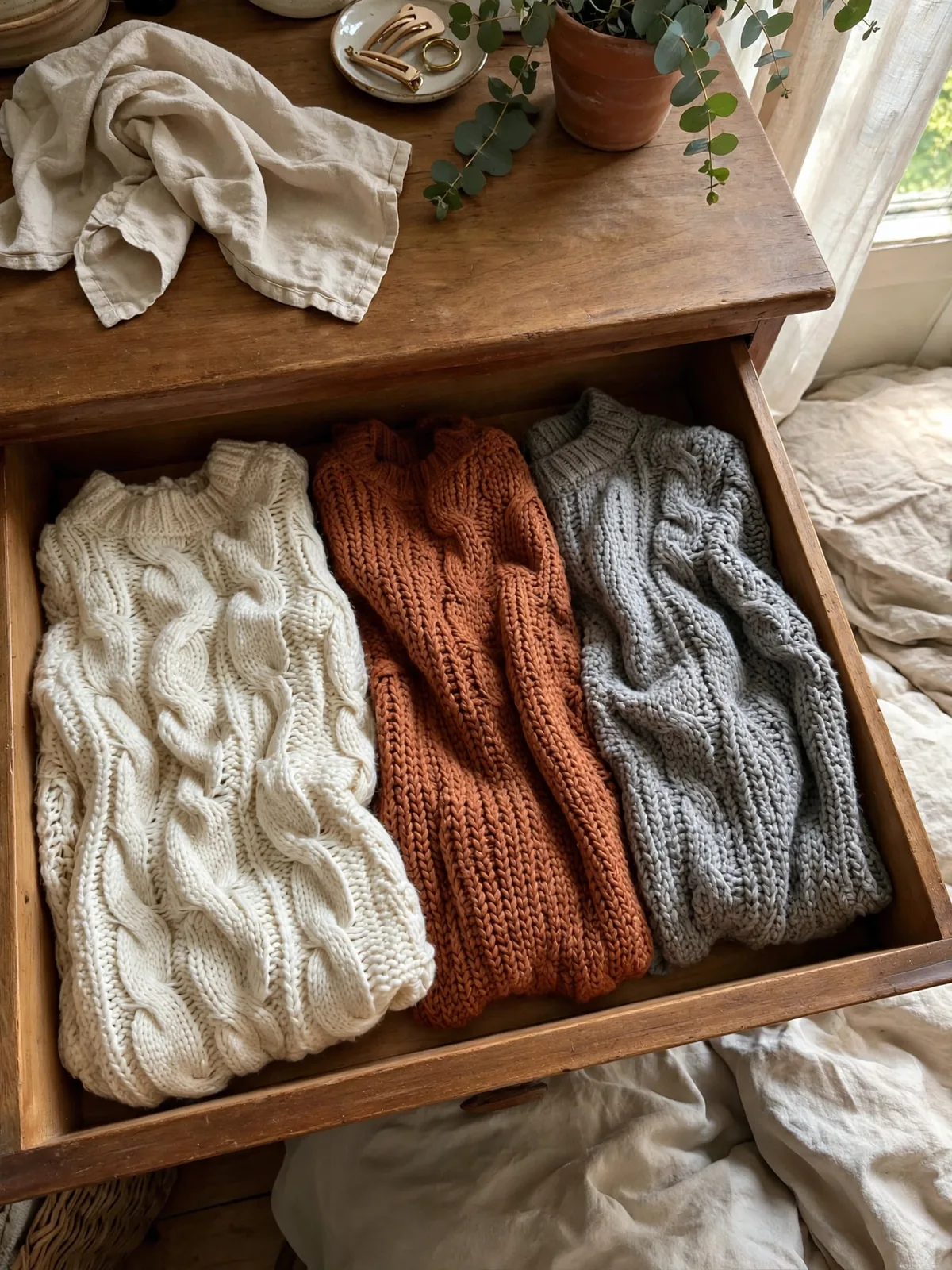 Open dresser drawer with chunky knit sweaters in cream, rust and grey folded flat in a single layer