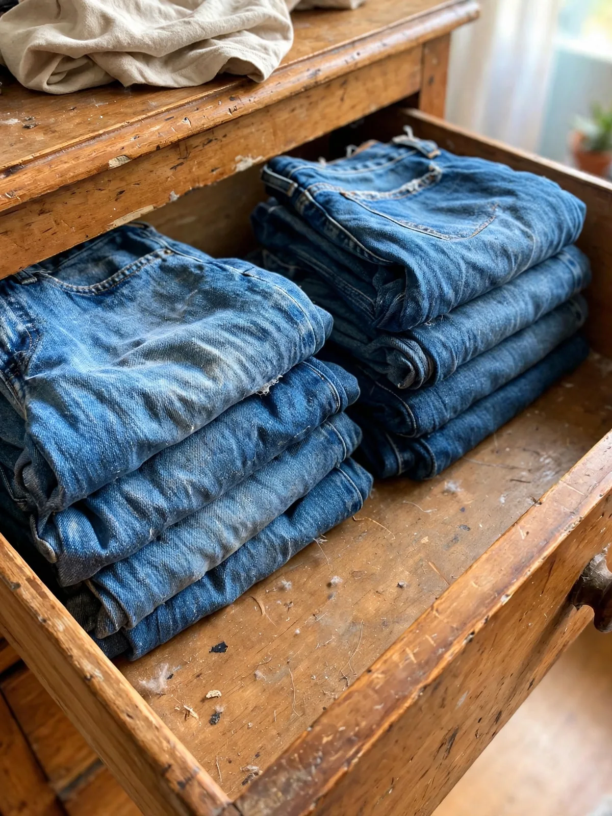 Wide dresser drawer with folded blue jeans stacked in two short piles