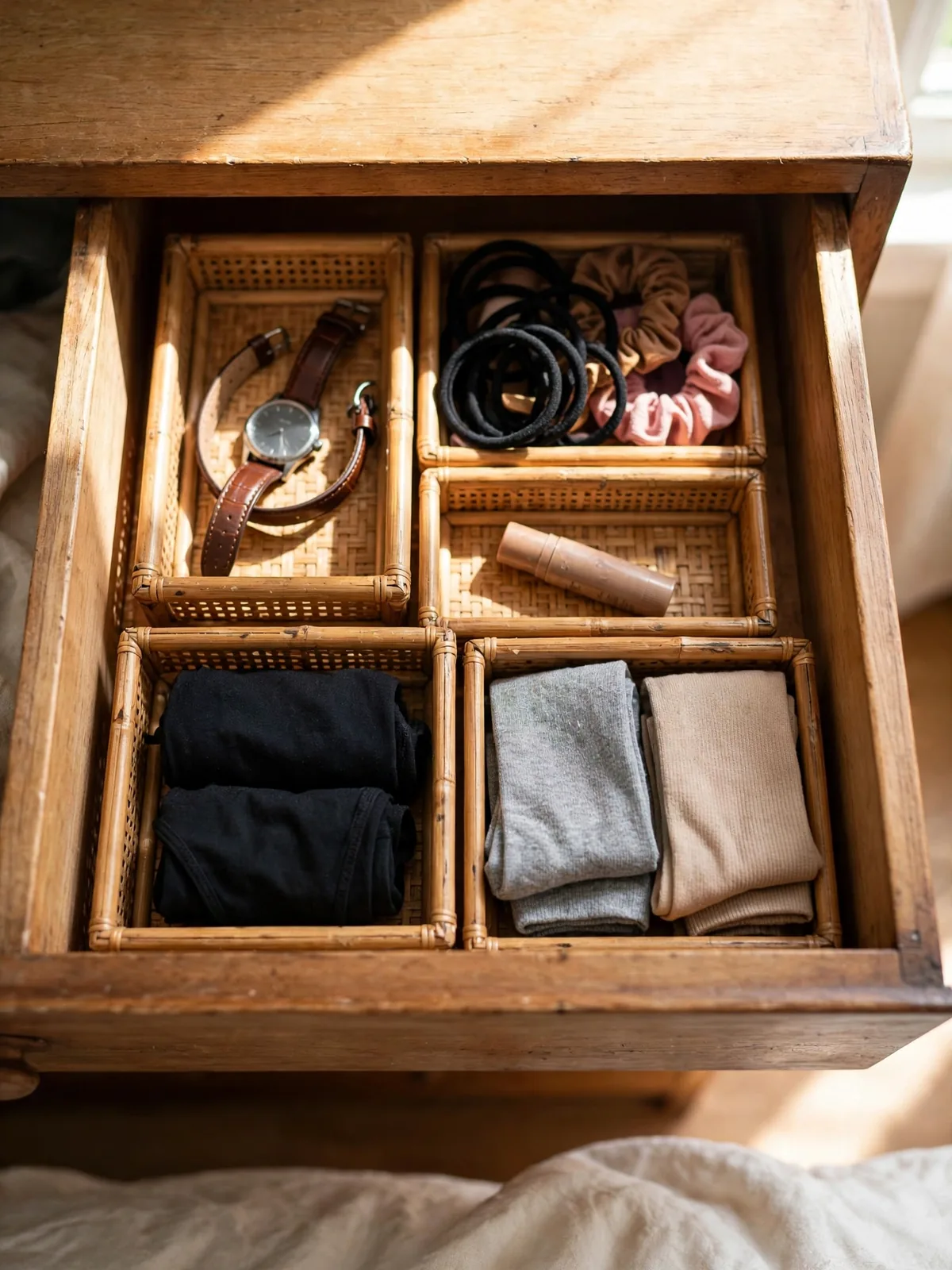 Top dresser drawer set up as a morning station with small trays for a watch, hair ties and daily essentials