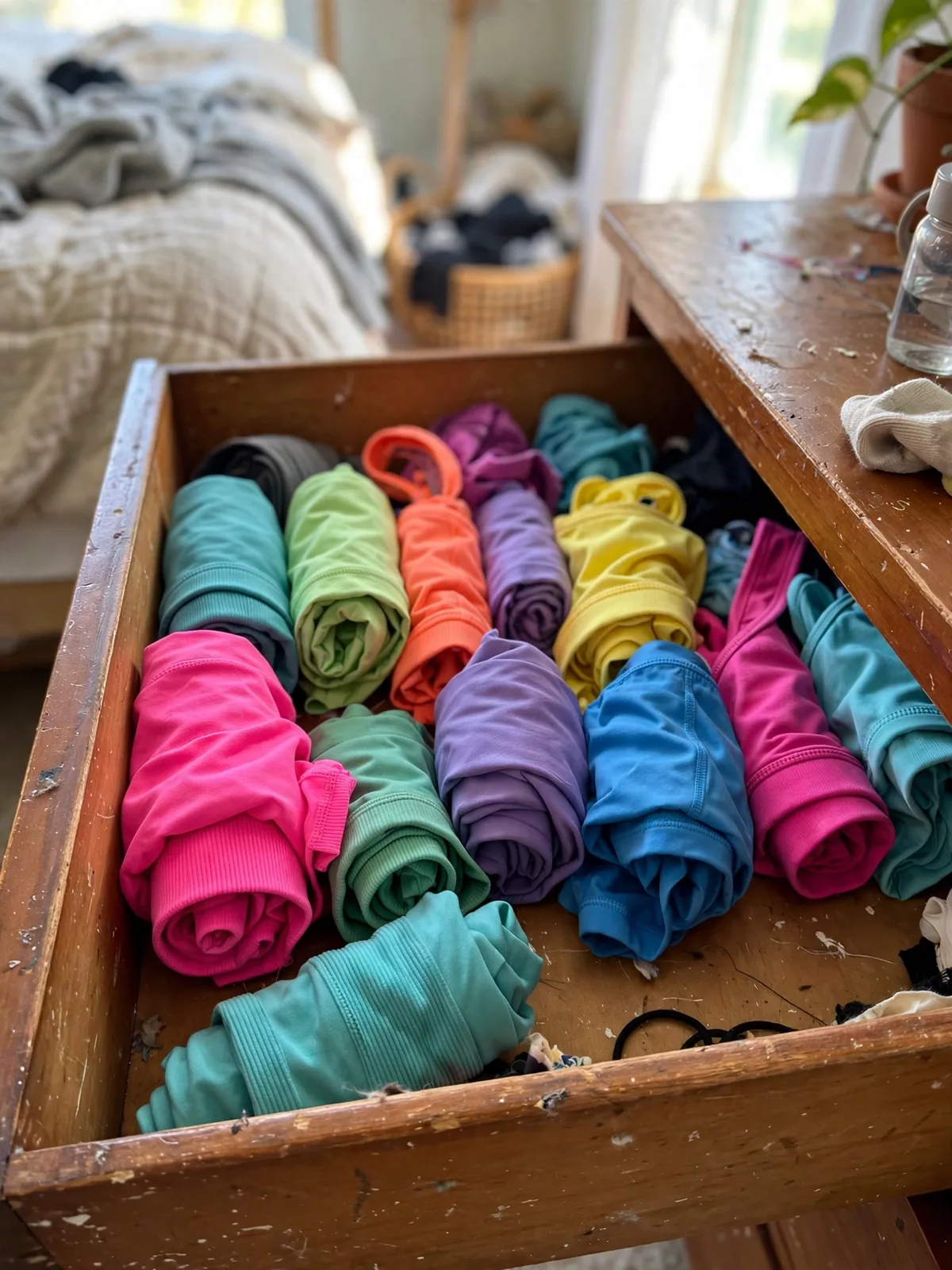Open dresser drawer with workout leggings, tops and shorts folded into tight bundles in neat rows