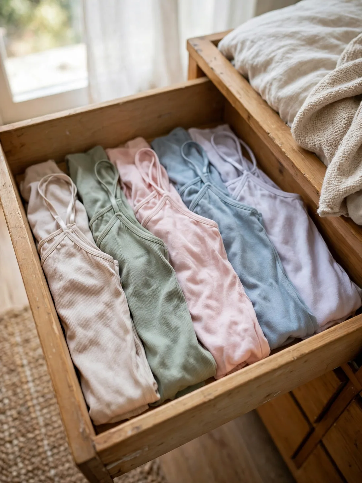 Shallow dresser drawer with tank tops and camisoles file folded in a single visible layer