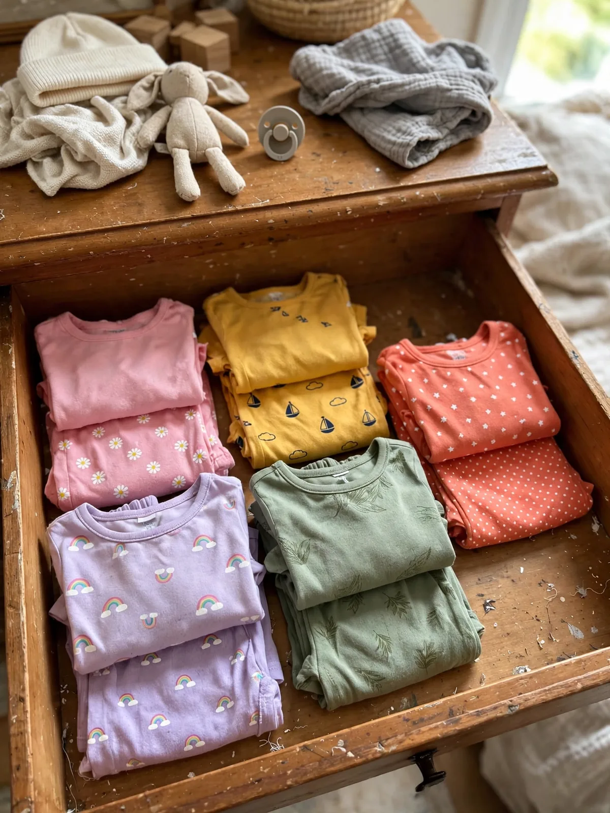 Kids dresser drawer with small clothes sorted into complete outfit bundles in playful colors