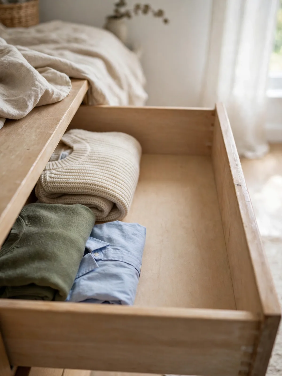 Calm dresser drawer only half full with a few neatly folded sweaters and plenty of empty space