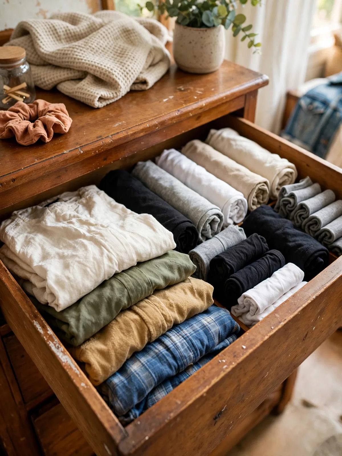 Tidy dresser drawer after a quick reset with file folded shirts, rolled basics and neat stacks in place