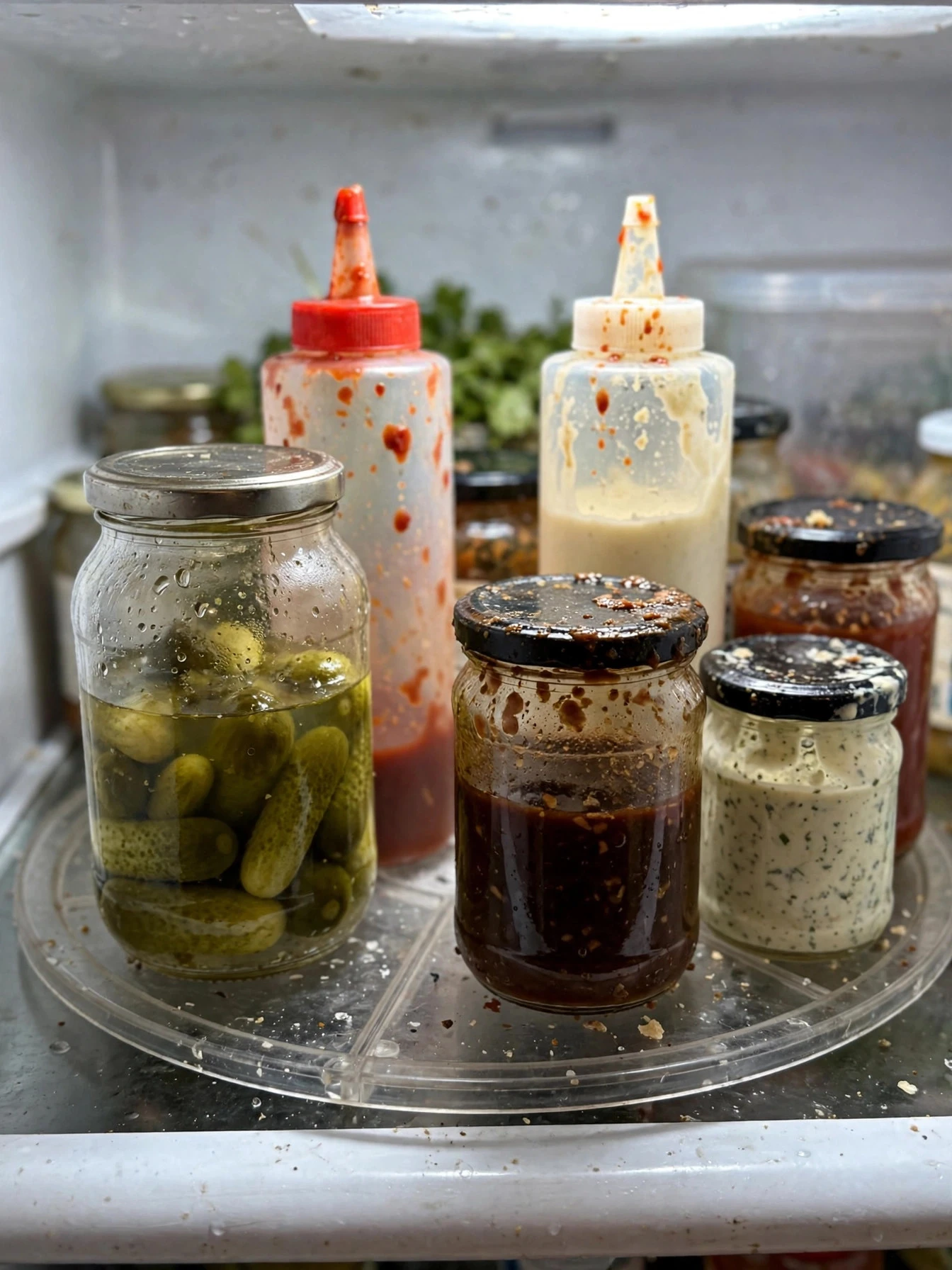Lazy Susan turntable with condiment bottles inside an organized fridge