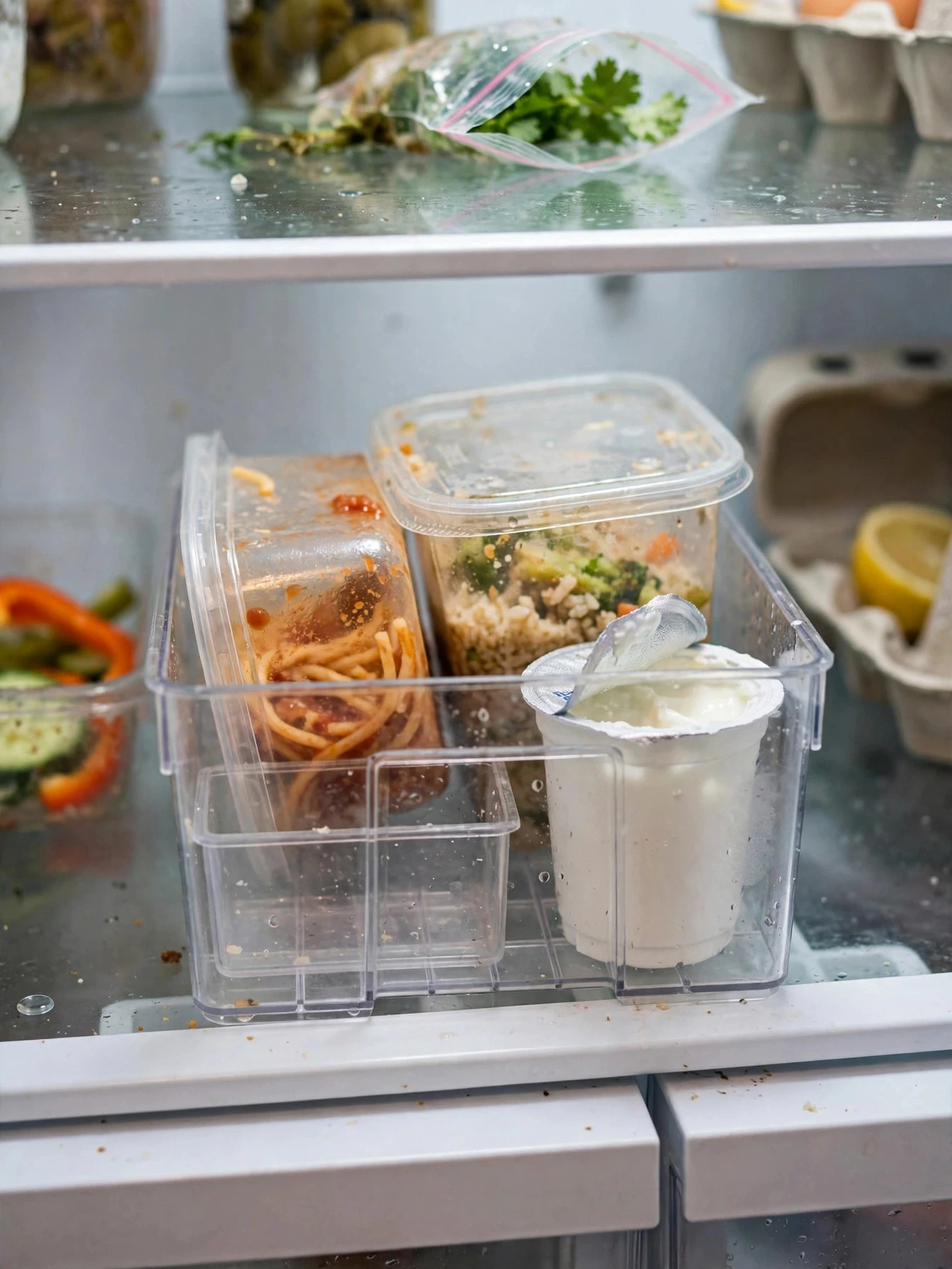 Clear eat-me-first bin with leftovers at eye level inside a fridge