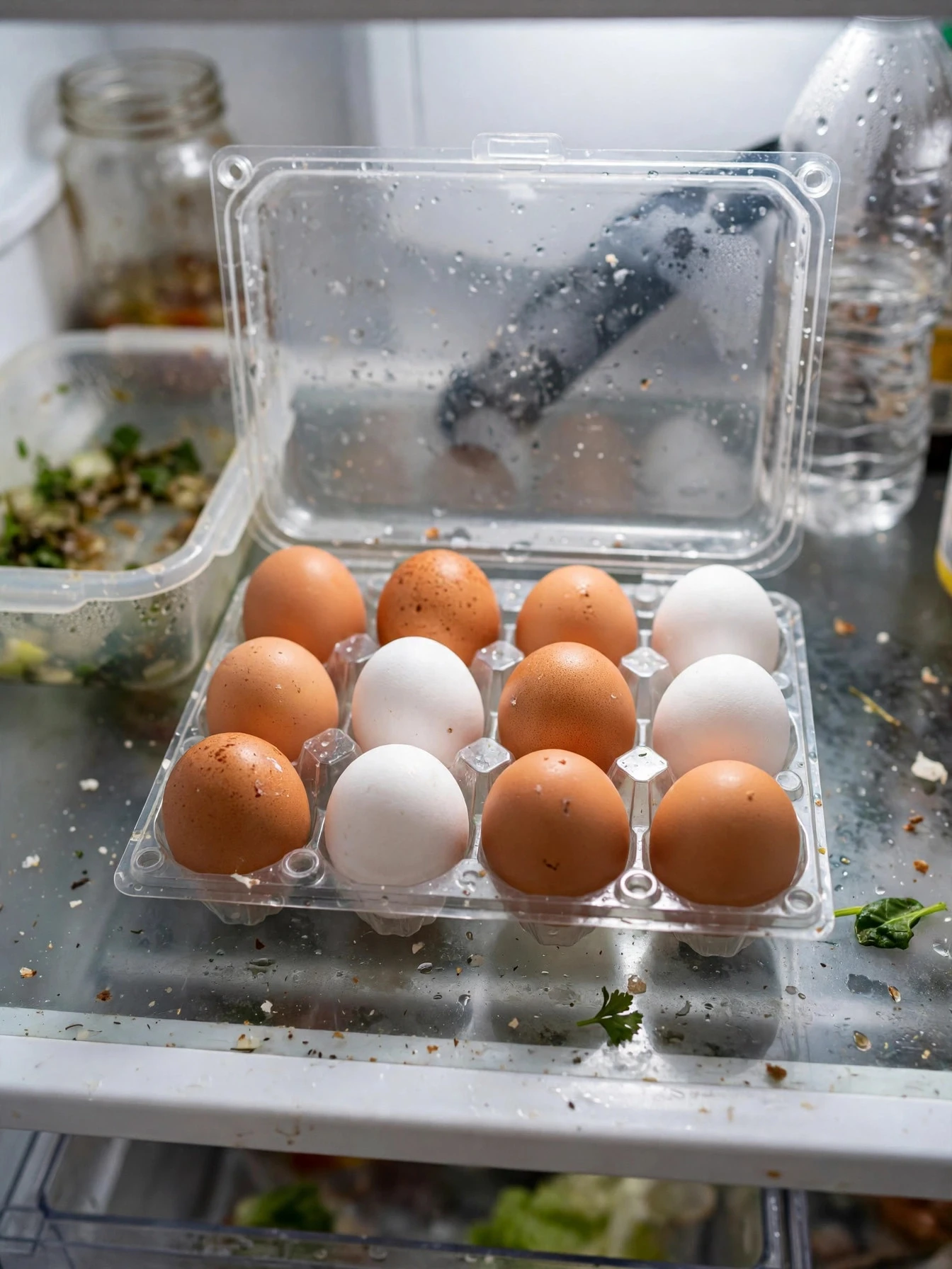 Clear lidded egg tray holding eggs inside a fridge