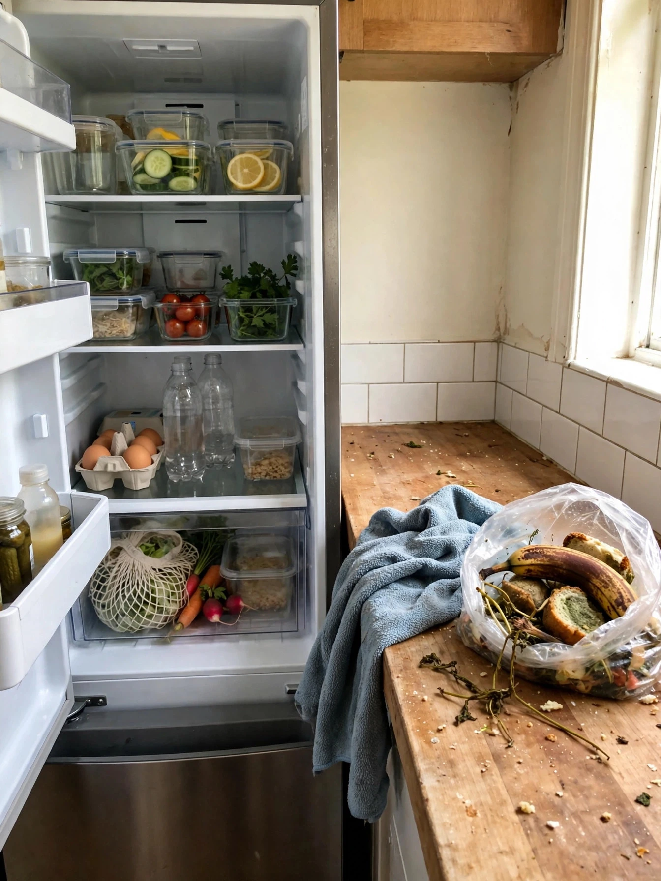 Tidy open fridge beside a cleaning cloth and expired items ready to toss