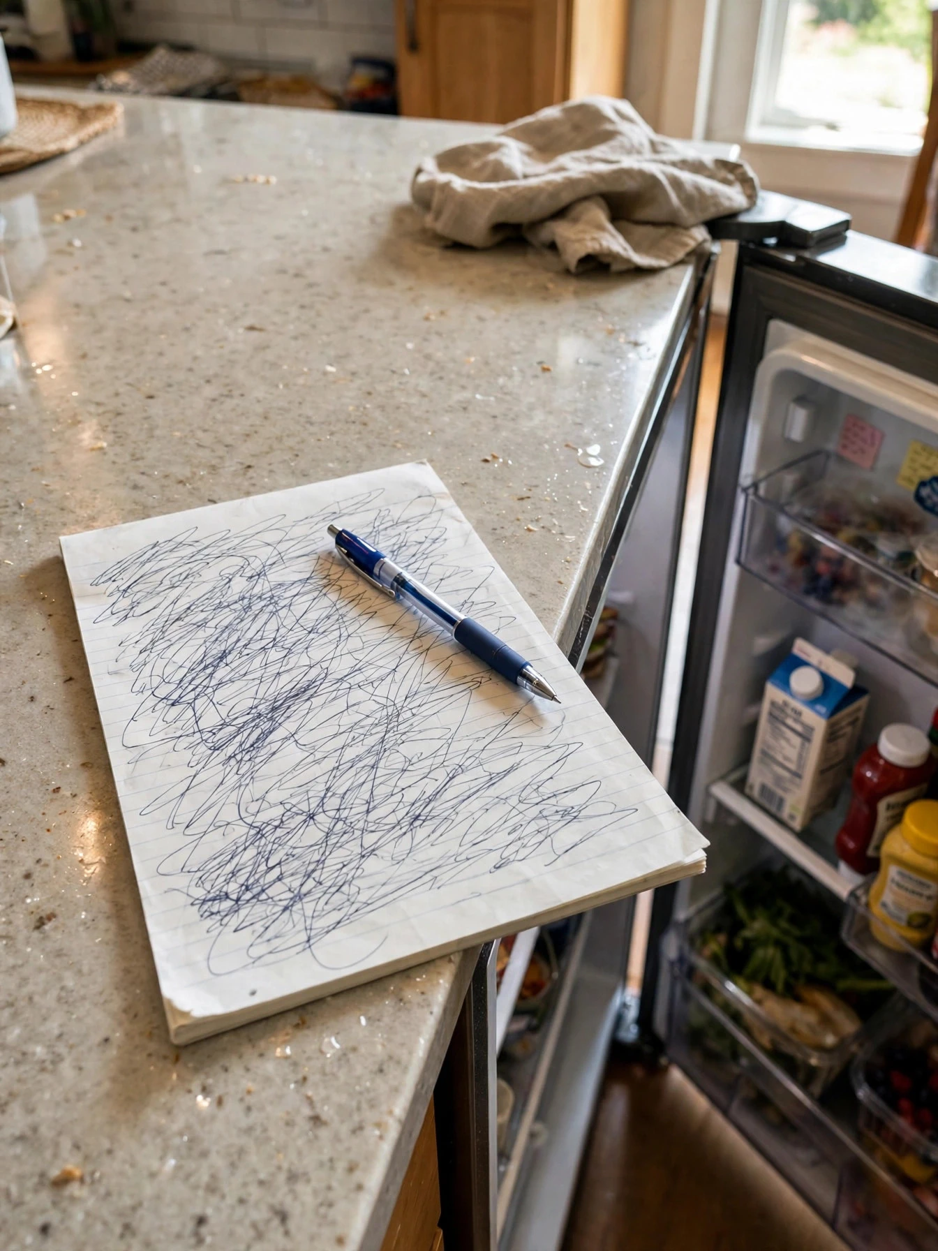 Handwritten fridge shopping list and pen on a kitchen counter
