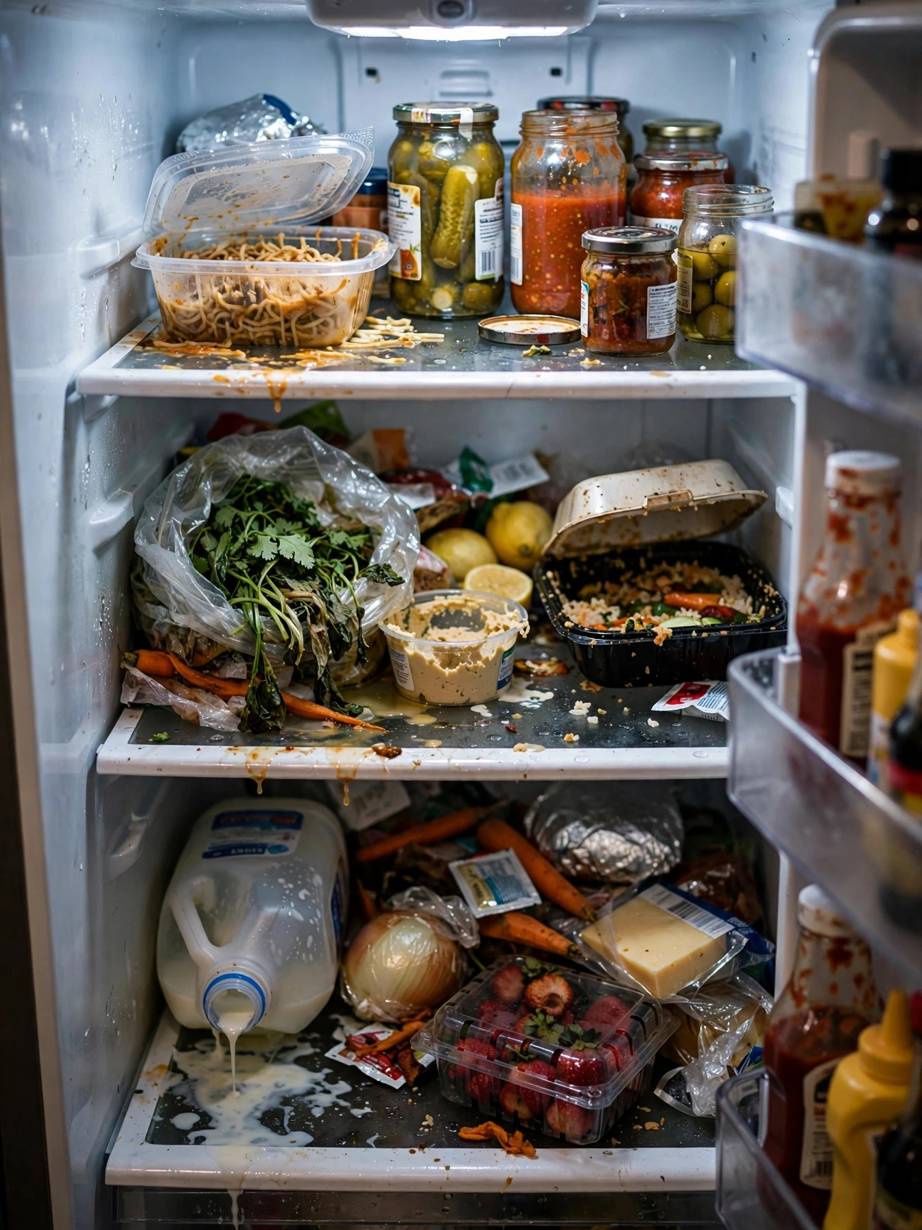 Messy disorganized refrigerator before organizing, with spills and cluttered shelves